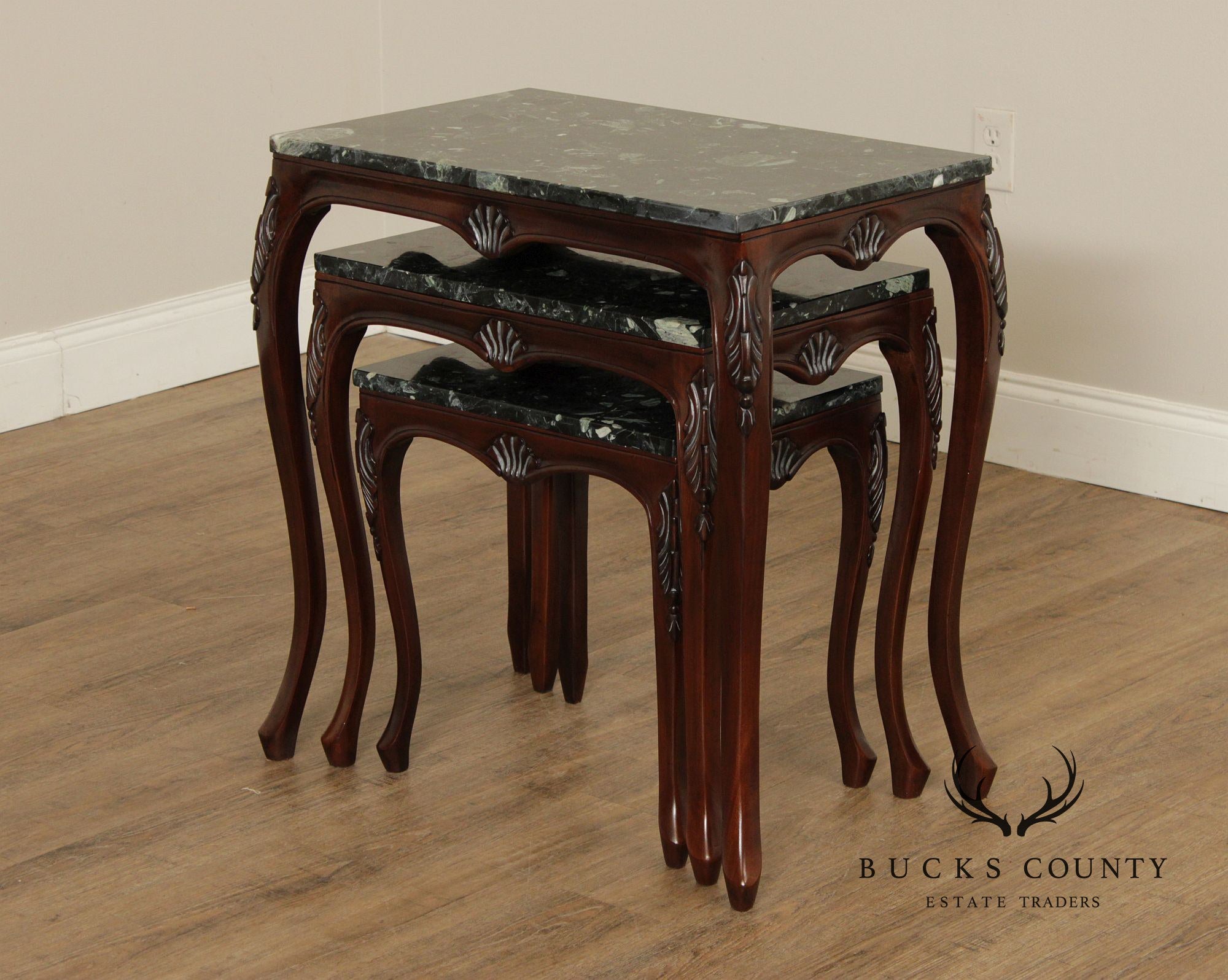 Rococo Style Set of Three Marble Top Mahogany Nesting Tables