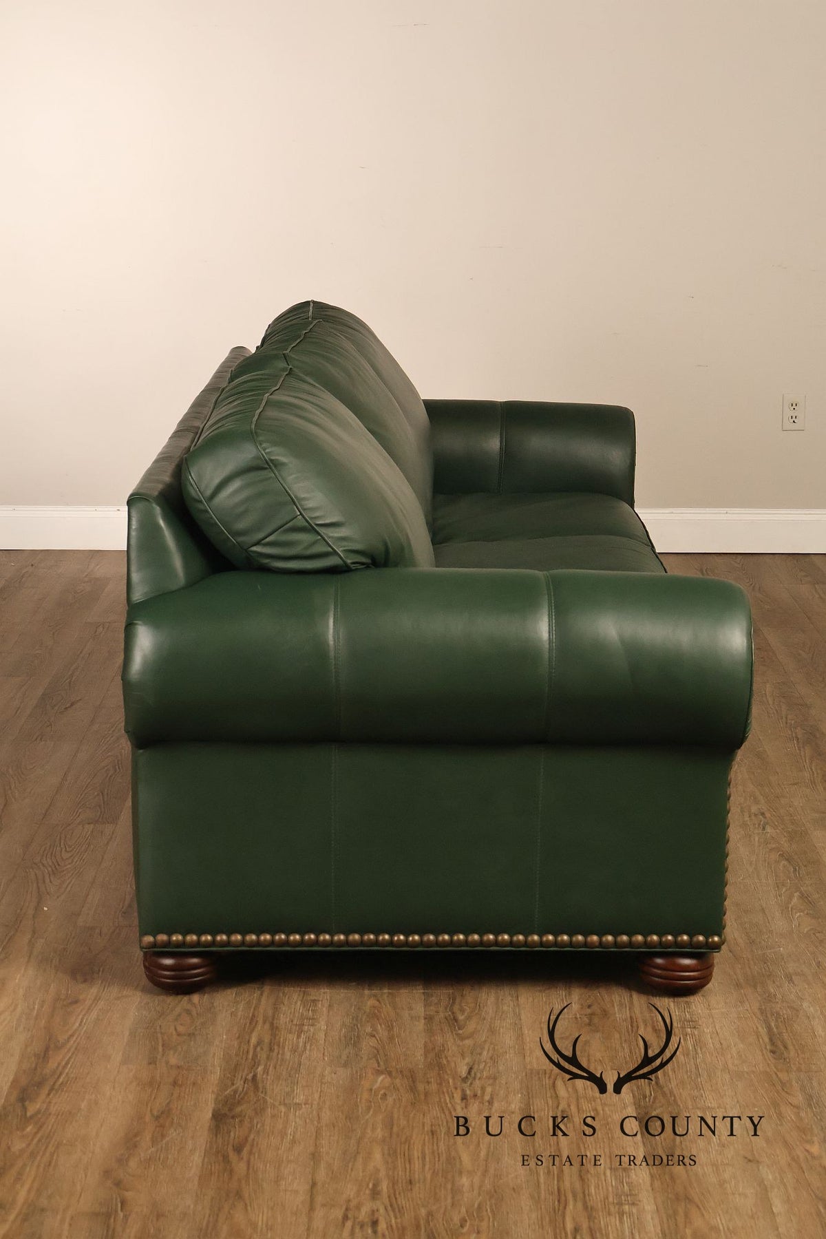 Green Leather Sleeper Sofa with Nailhead Trim