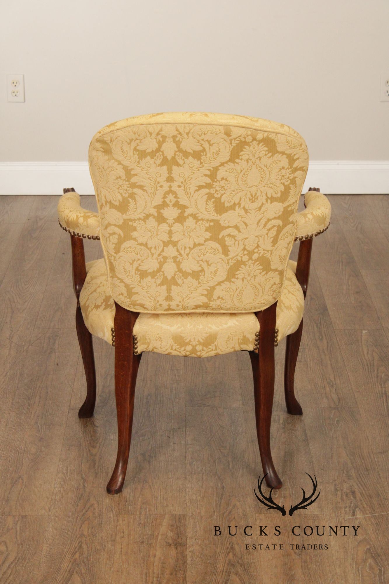 Queen Anne Style Vintage Pair of Mahogany Upholstered Armchairs