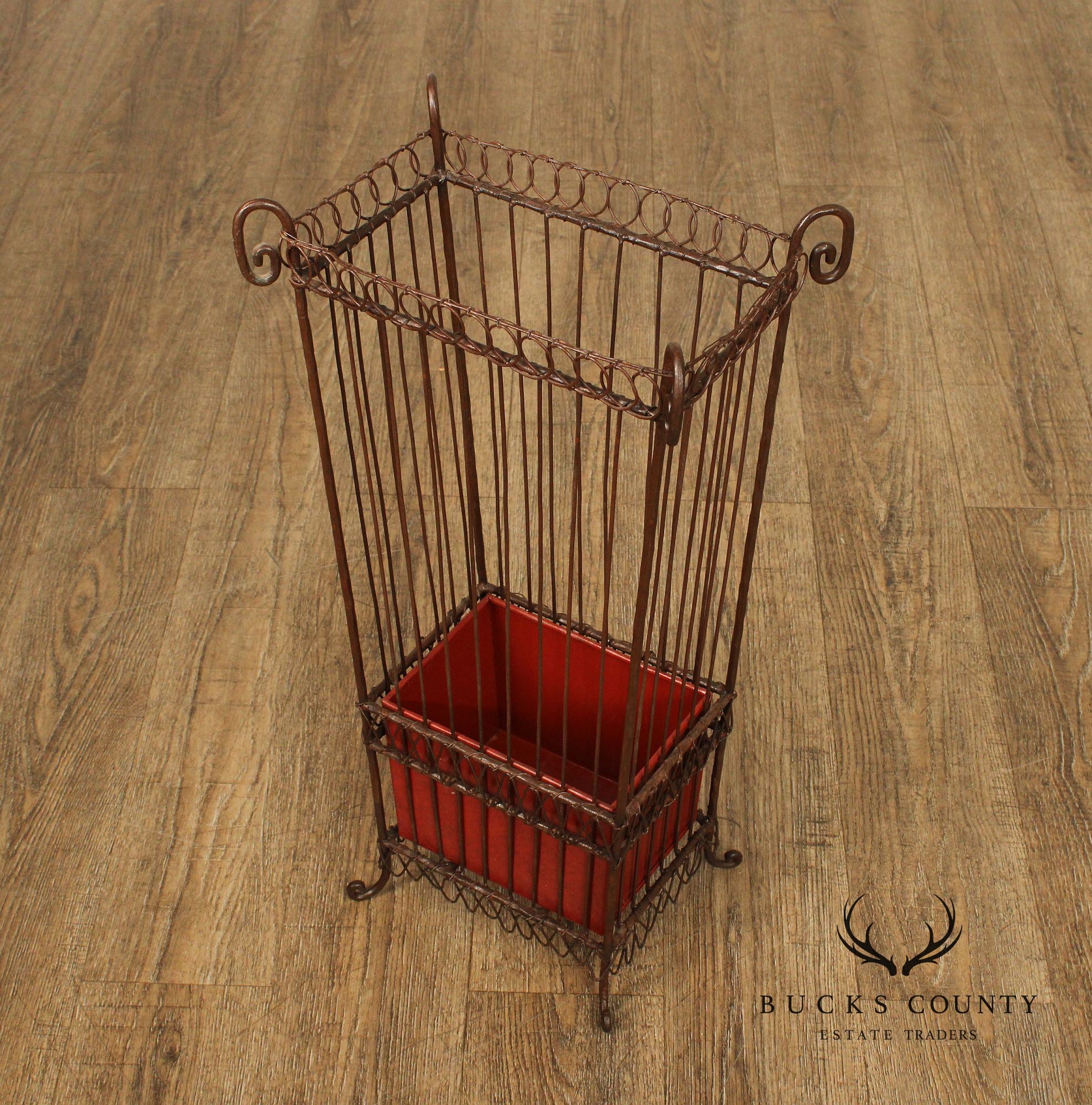 Vintage Wrought Iron Umbrella Stand with Red Liner