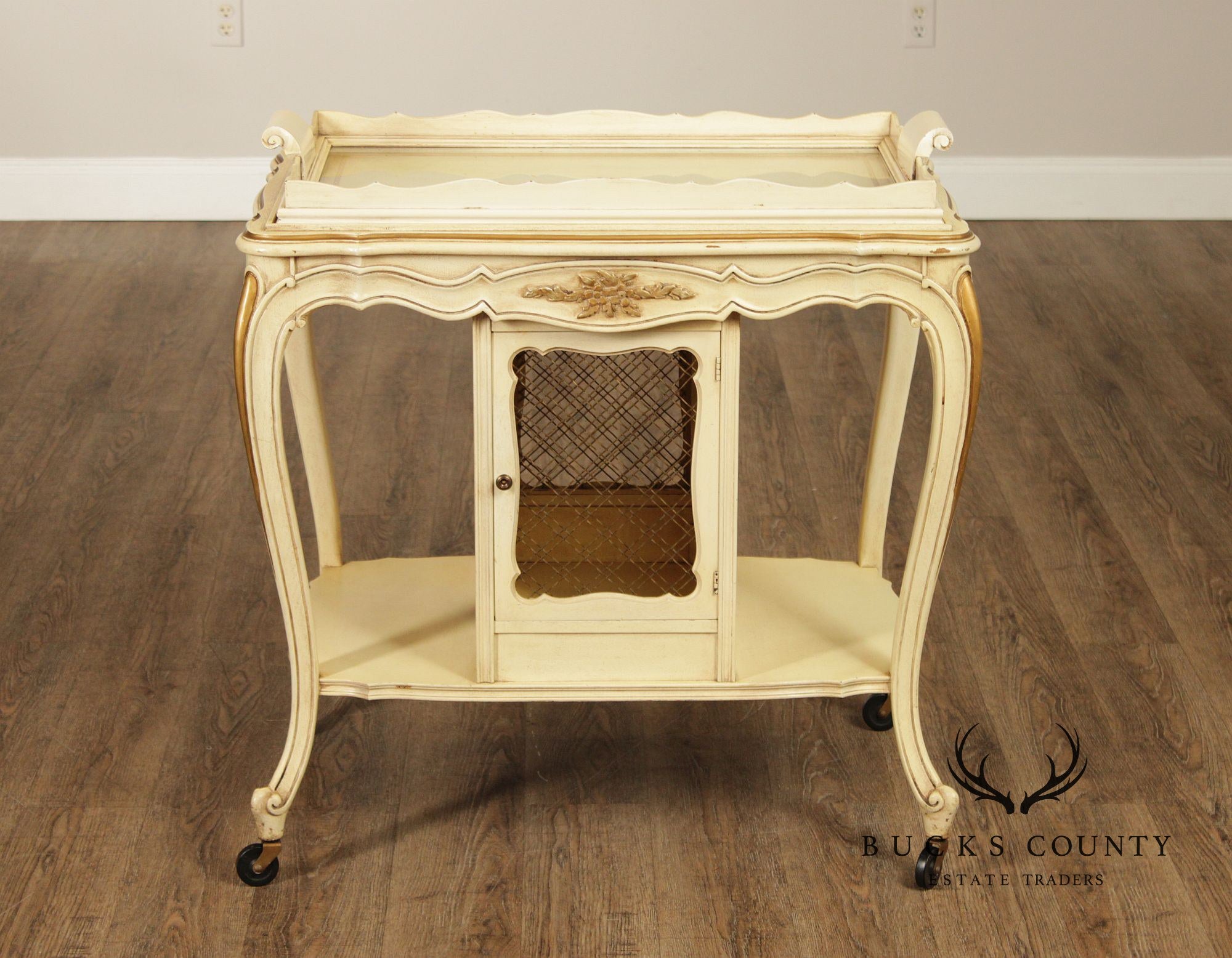 French Provincial Style Vintage Painted Tray Top Bar Cart