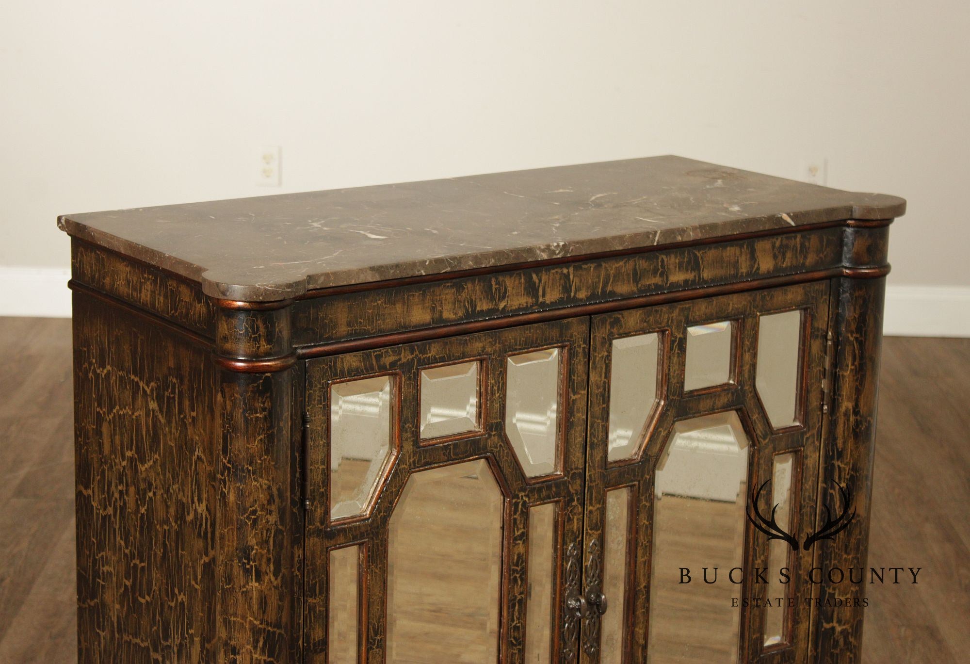 Hollywood Regency Style Pair Of Mirrored Cabinets With Marble Tops