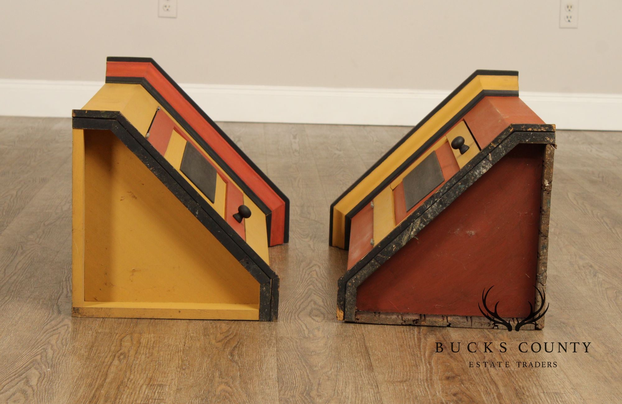 Pair Of Handcrafted Folk Art Painted Pine Corner Cabinets
