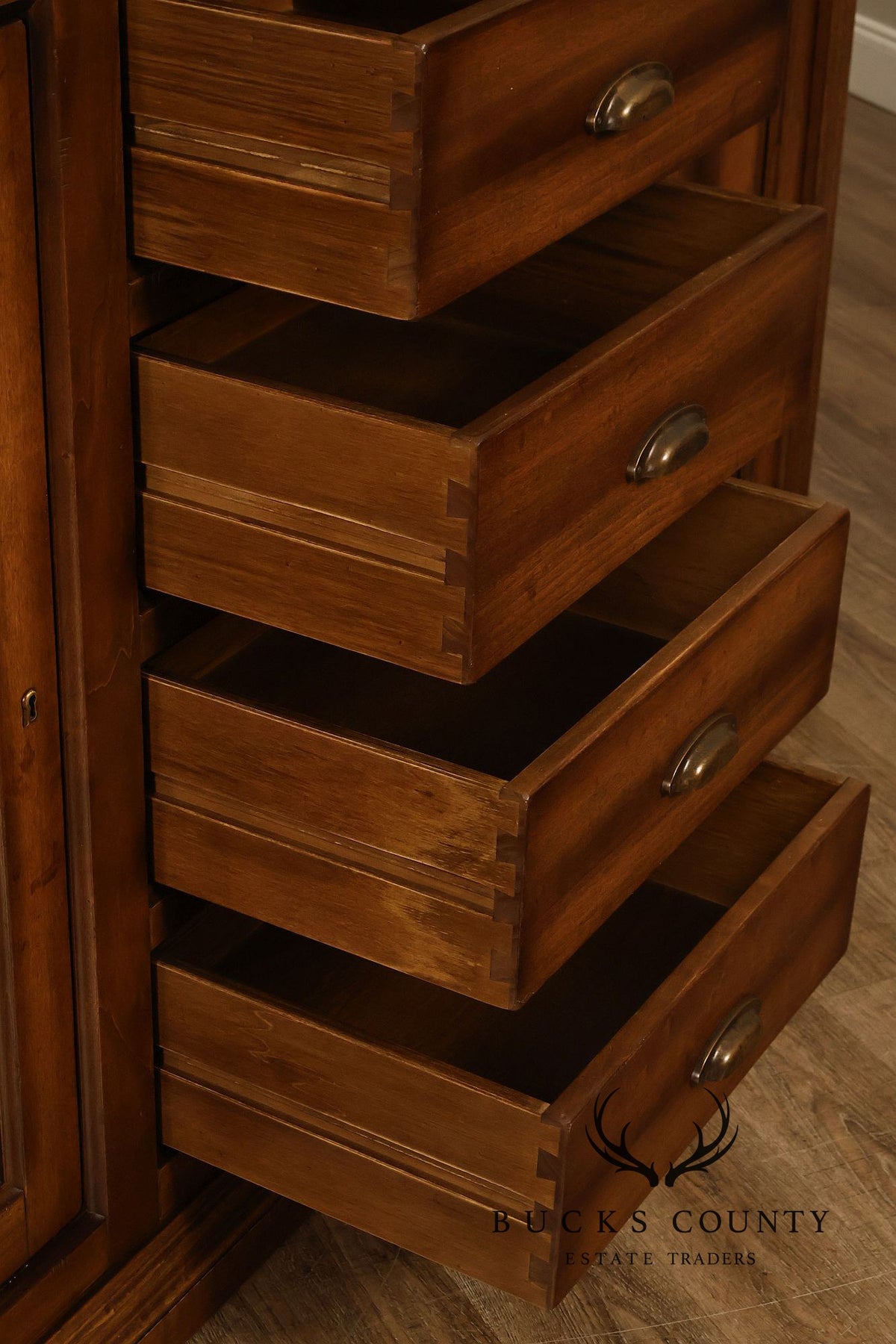 Arhaus Tuscan Italian Walnut Buffet With Sliding Glass Door Hutch