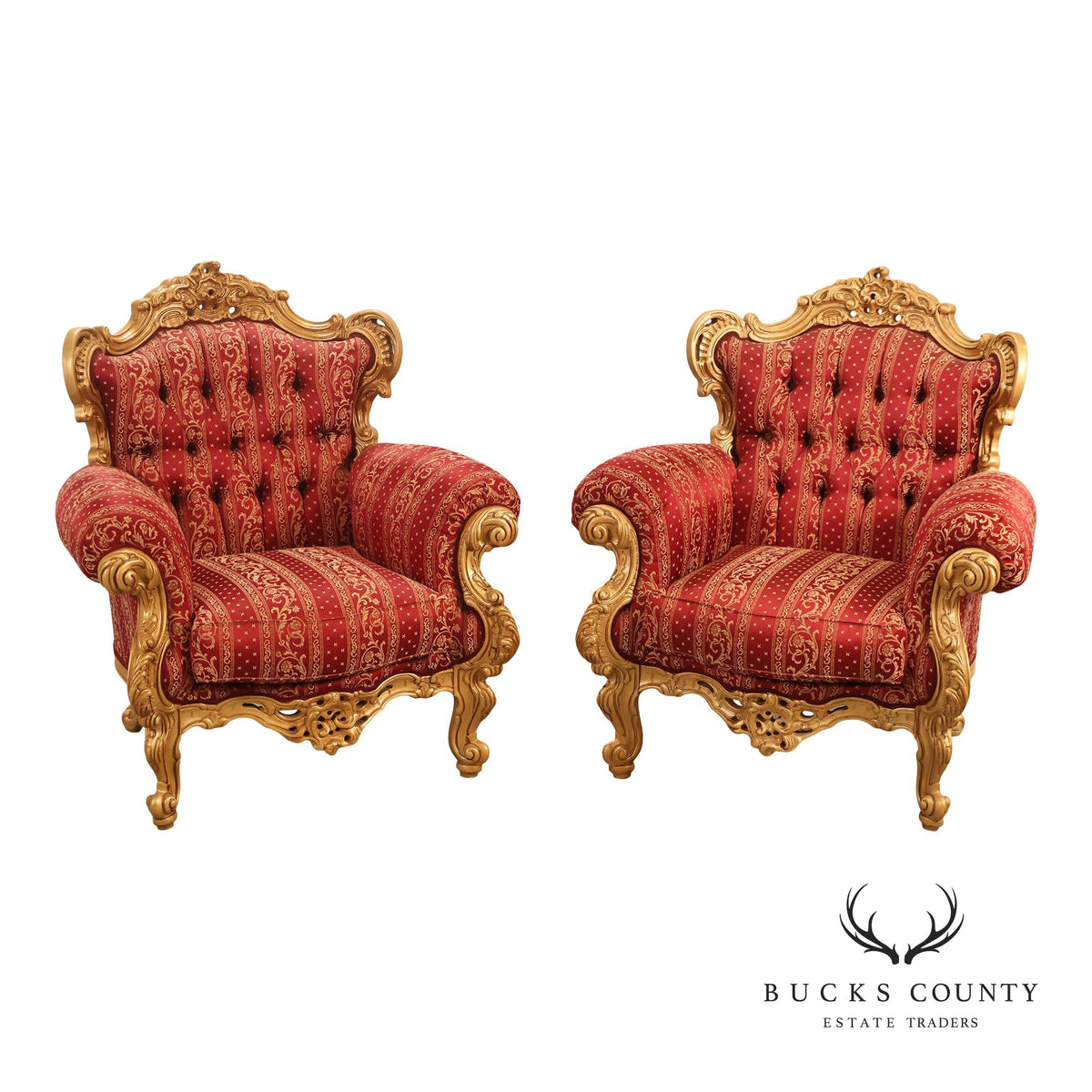 Baroque Style Pair Of Giltwood Armchairs With Red Damask Upholstery