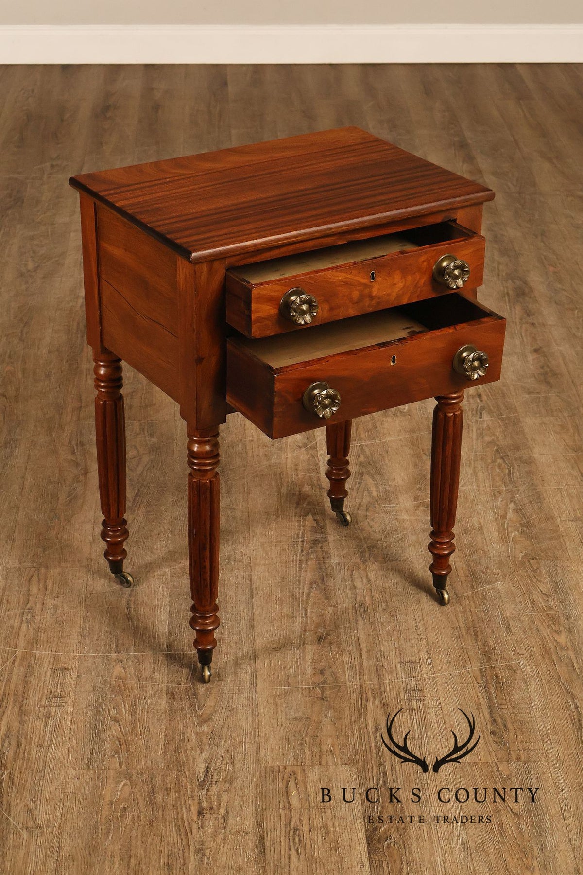 Antique American Sheraton Mahogany Two Drawer Work Table On Casters