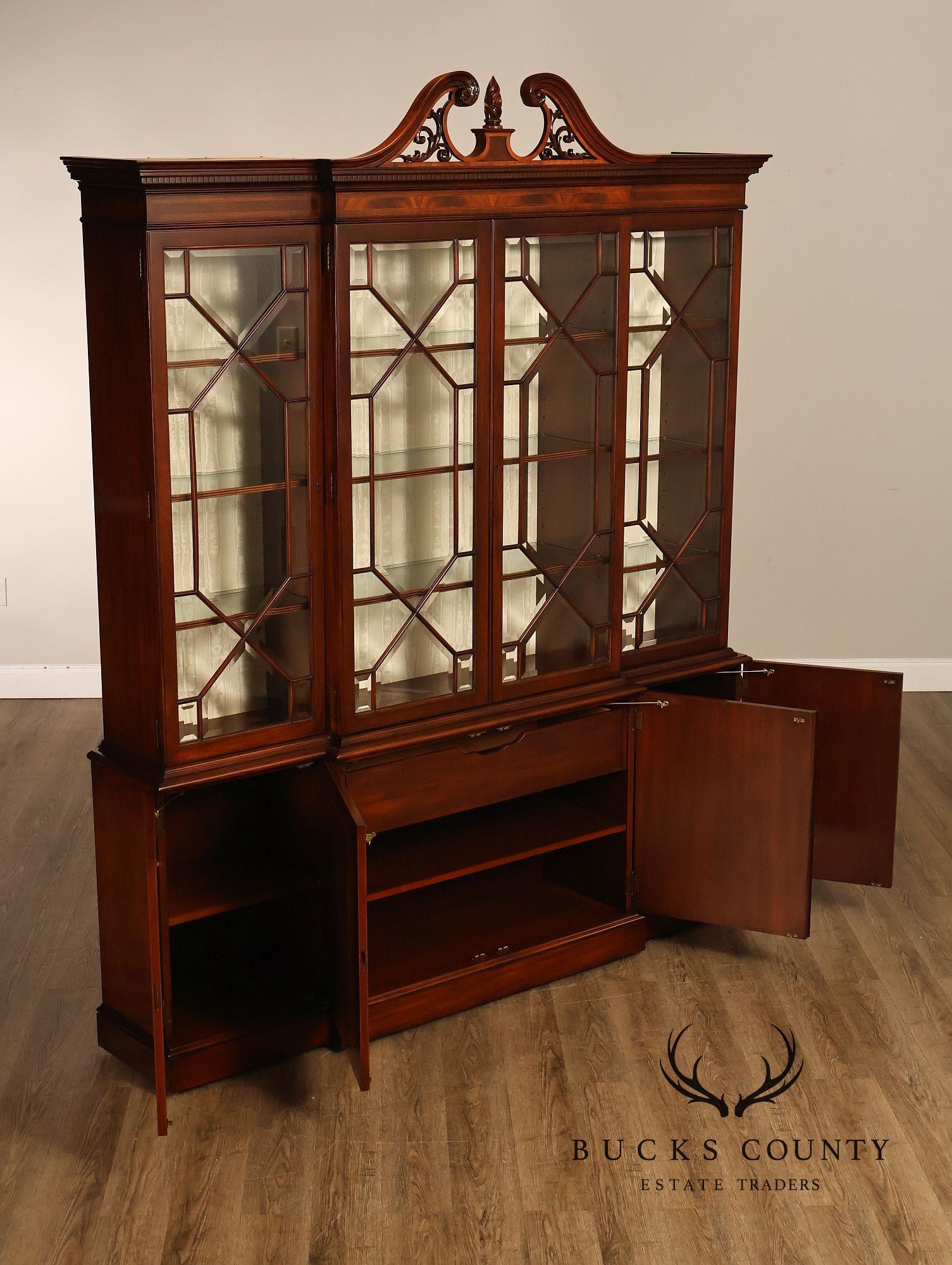 Karges English Style Mahogany Breakfront China Cabinet Display Bookcase with Carved Pediment and Silk Backing