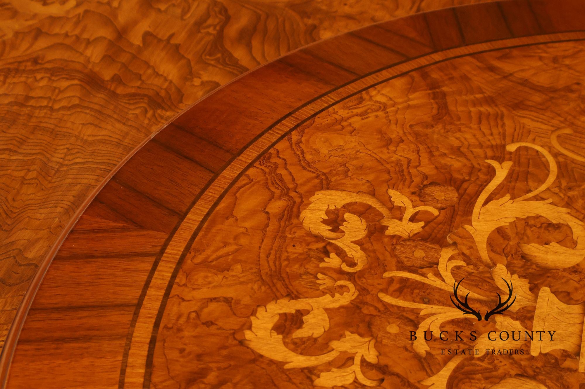 Italian 72" Round Inlaid Burl Wood Dining Table With Lazy Susan