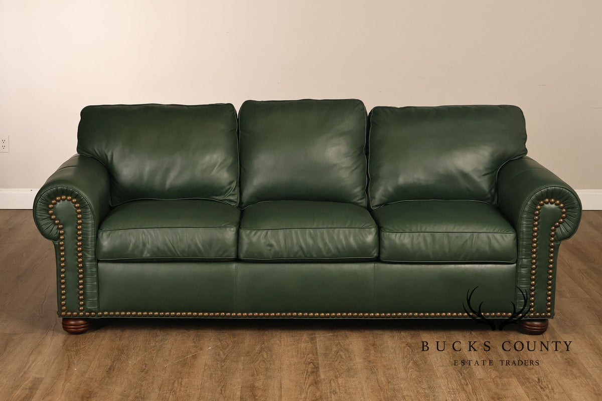 Green Leather Sleeper Sofa with Nailhead Trim