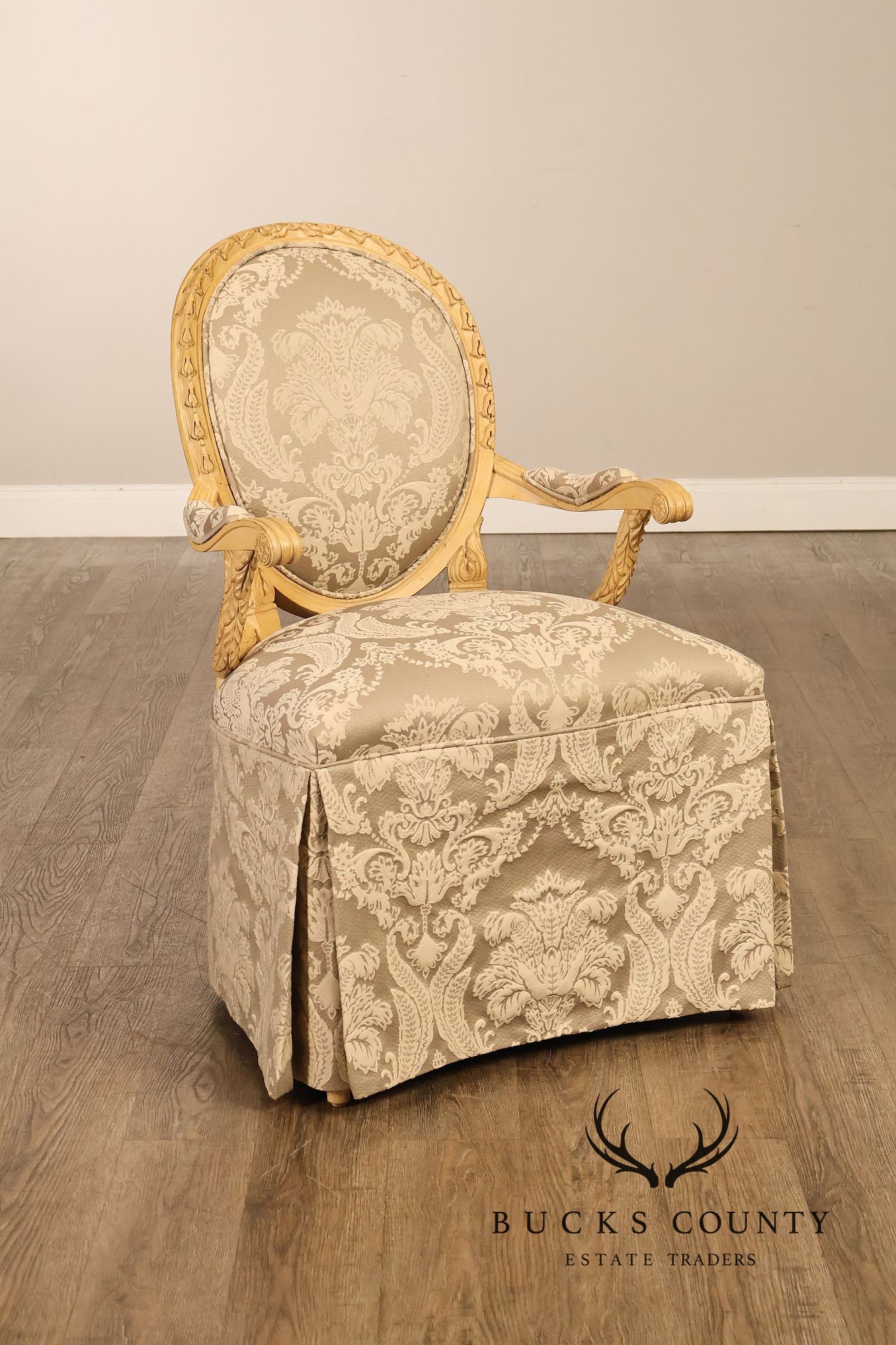 Louis XVI Style Pair Of Painted Oval Back Armchairs With Upholstered Seats