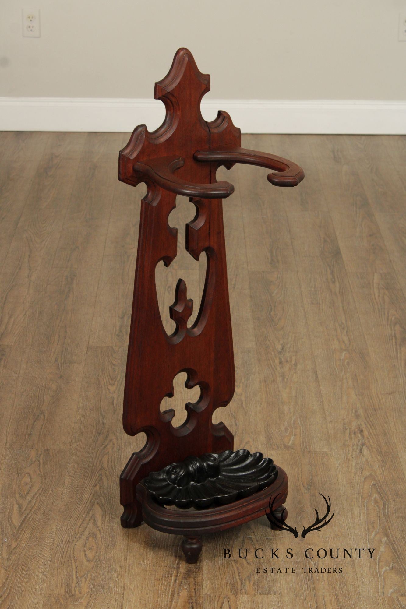 Antique Victorian Gothic Revival Umbrella Stand With Cast Iron Drip Pan