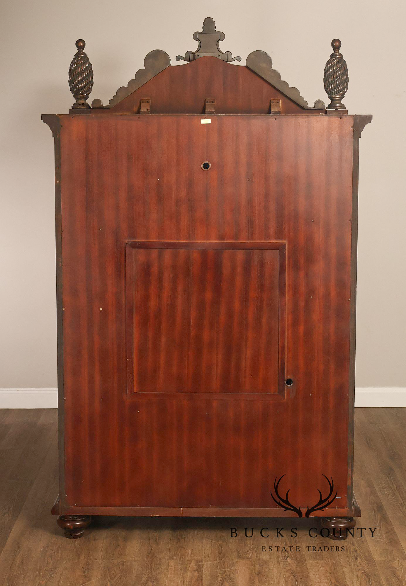 Maitland-Smith Large Mahogany Armoire Cabinet With Bronze Scrollwork Finials And Raised Panel Doors