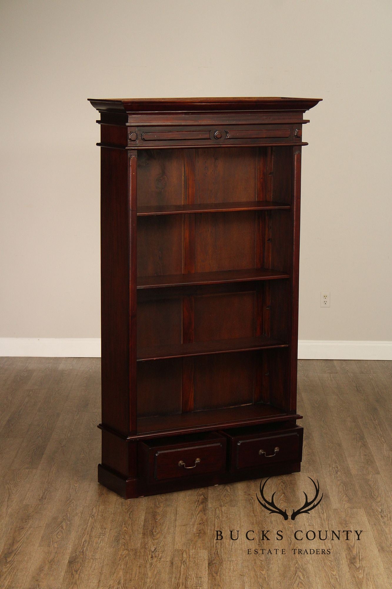 Mahogany Pair Of Tall Open Bookcases With Drawers