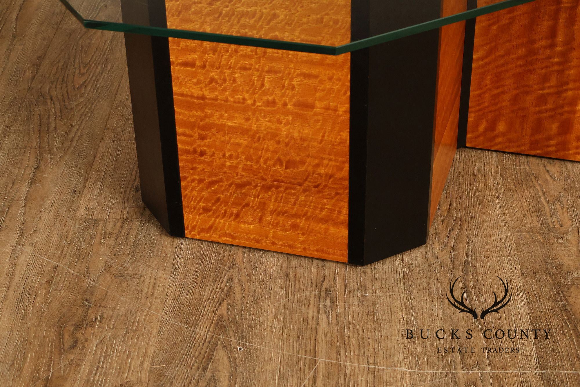 Honeycomb Style Glass Top Coffee Table With Figured Wood Base