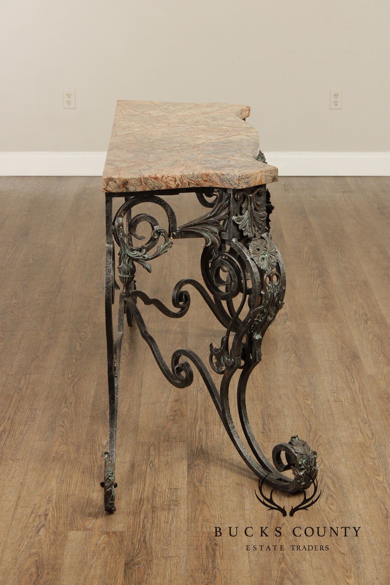 Maitland Smith Italian Rococo Style Scrolled Iron And Bronze Marble Top Console Table