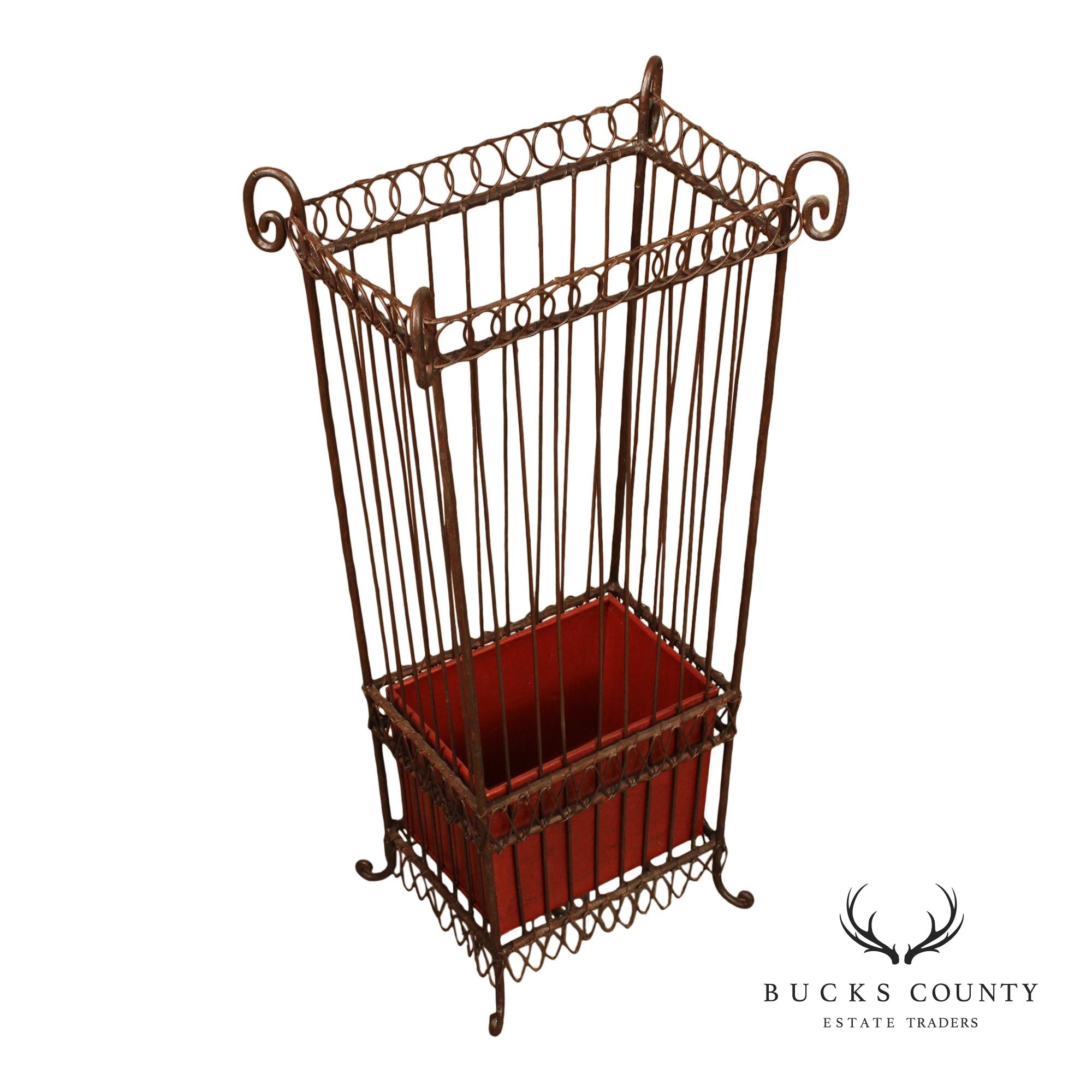 Vintage Wrought Iron Umbrella Stand with Red Liner