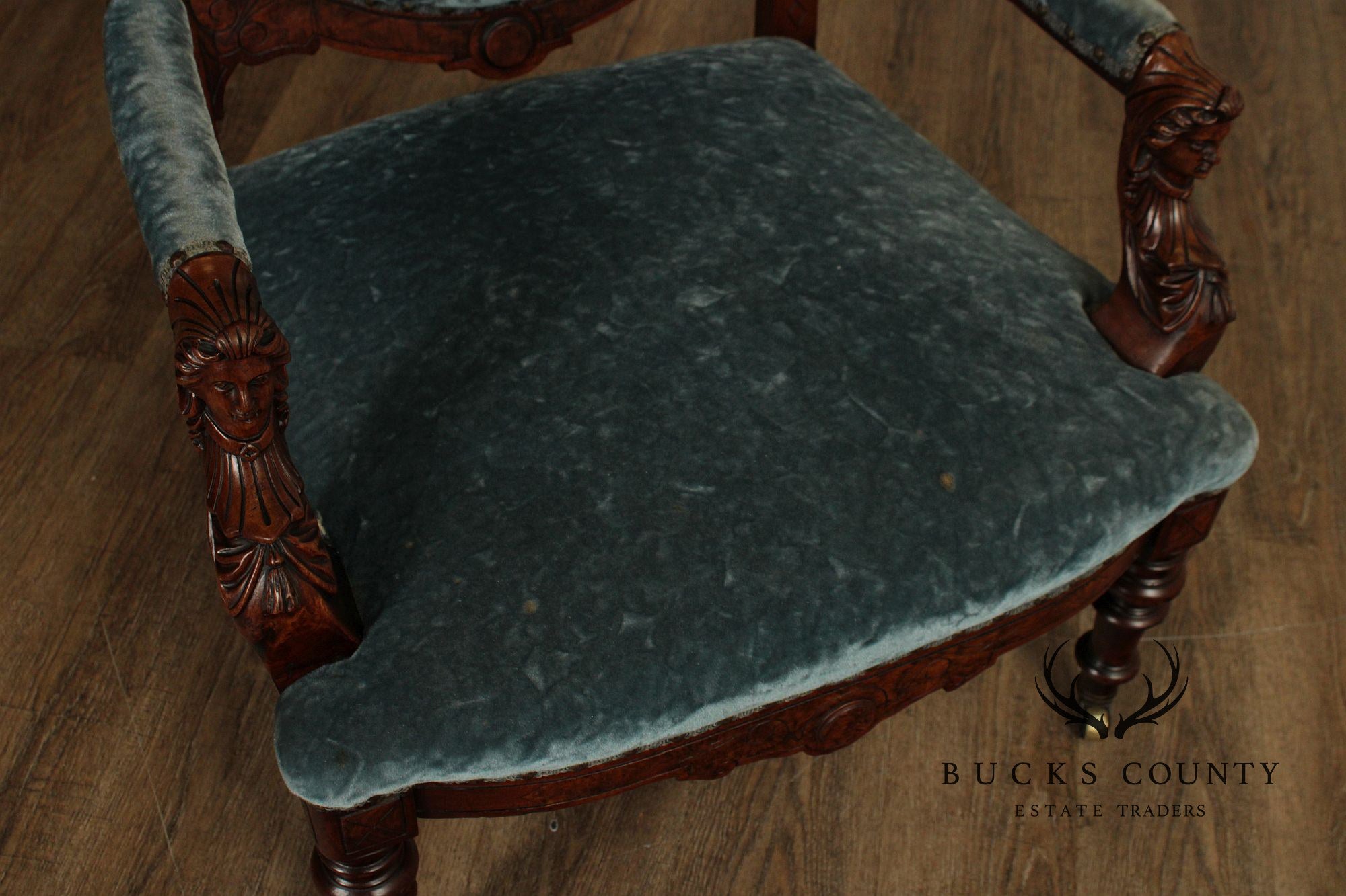 Antique Renaissance Revival Figural Carved Walnut Armchair