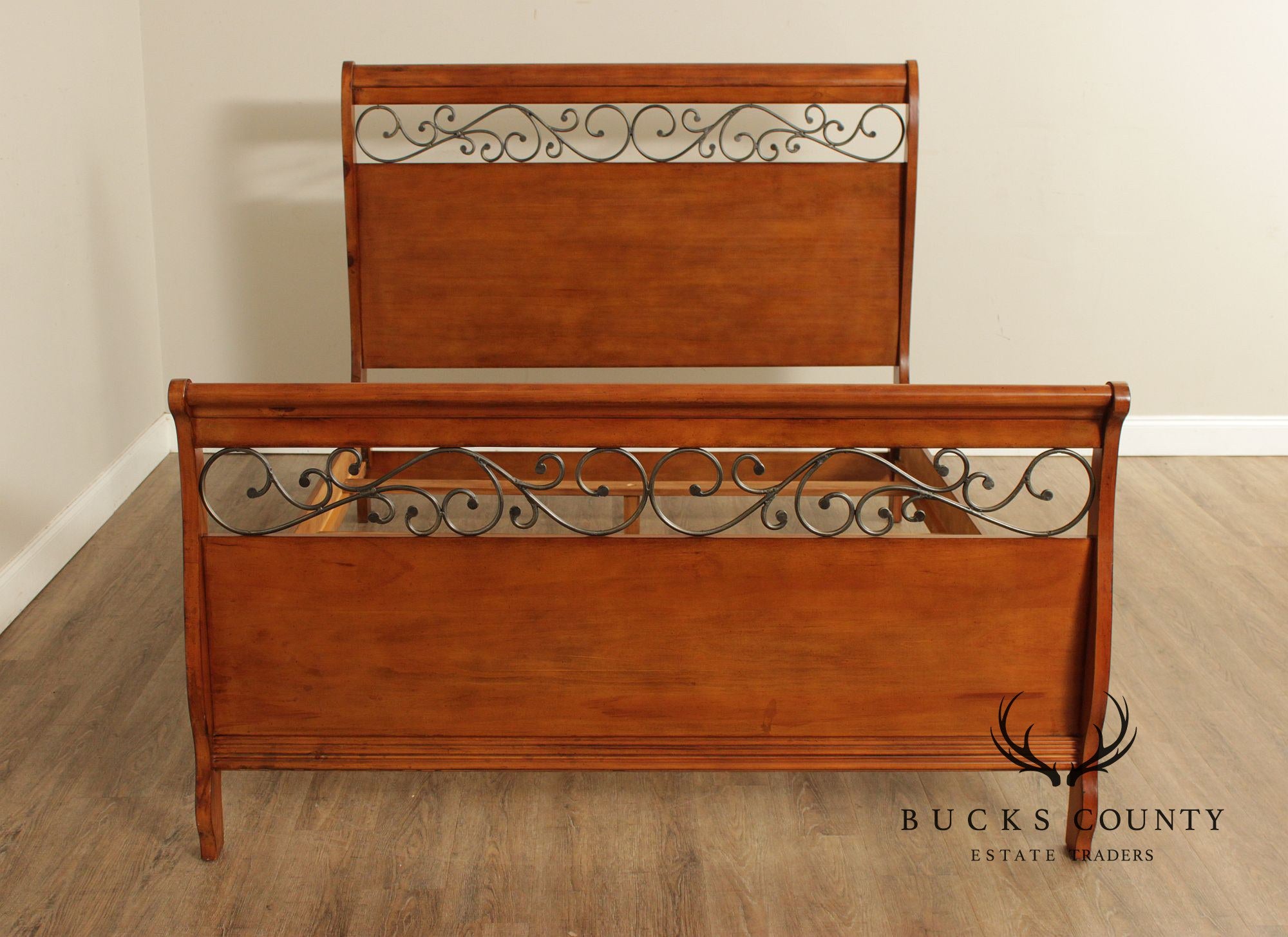Queen Size Sleigh Bed With Iron Scroll Detail
