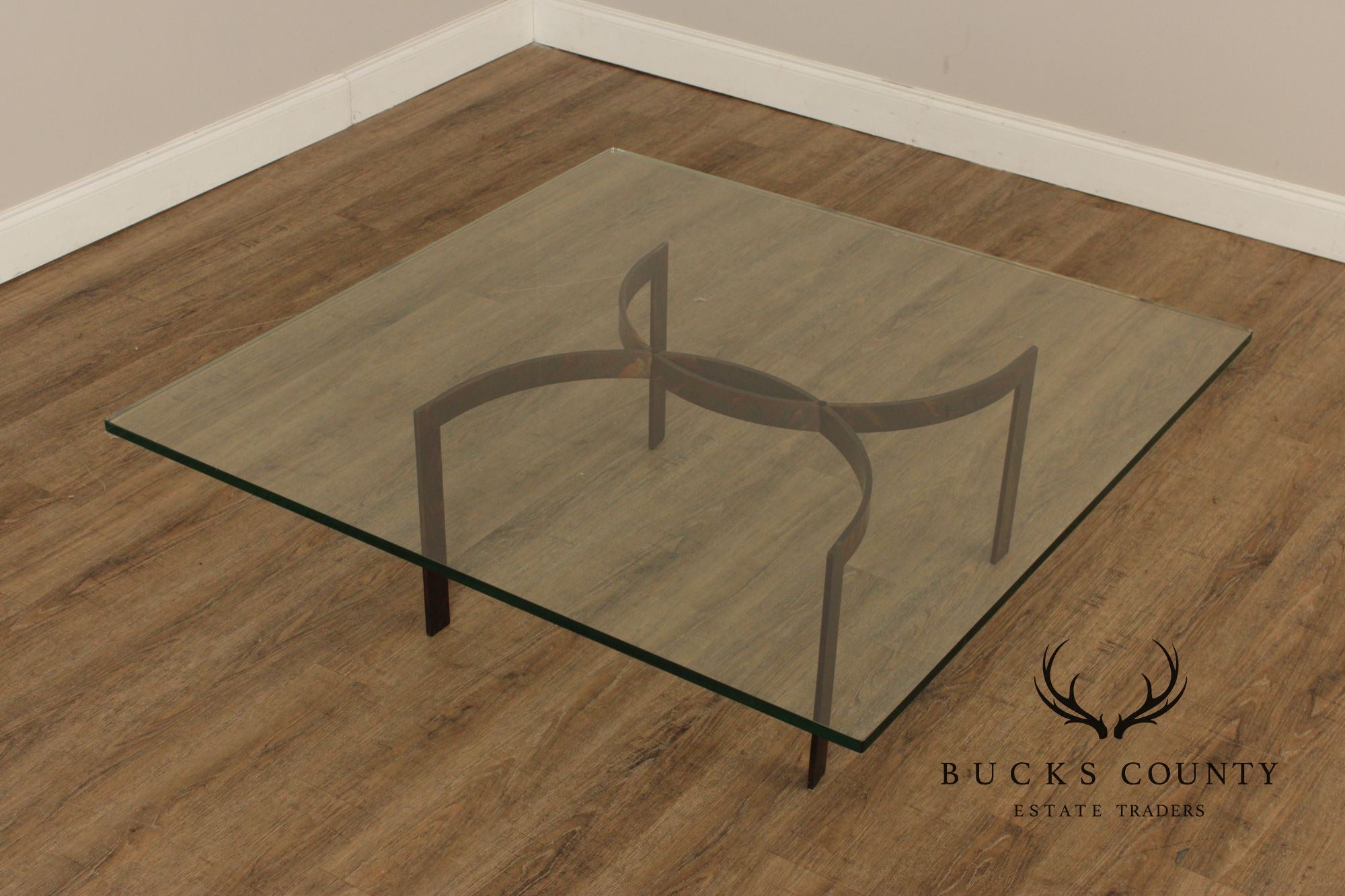 Brutalist Square Glass Top Steel Base Coffee Table