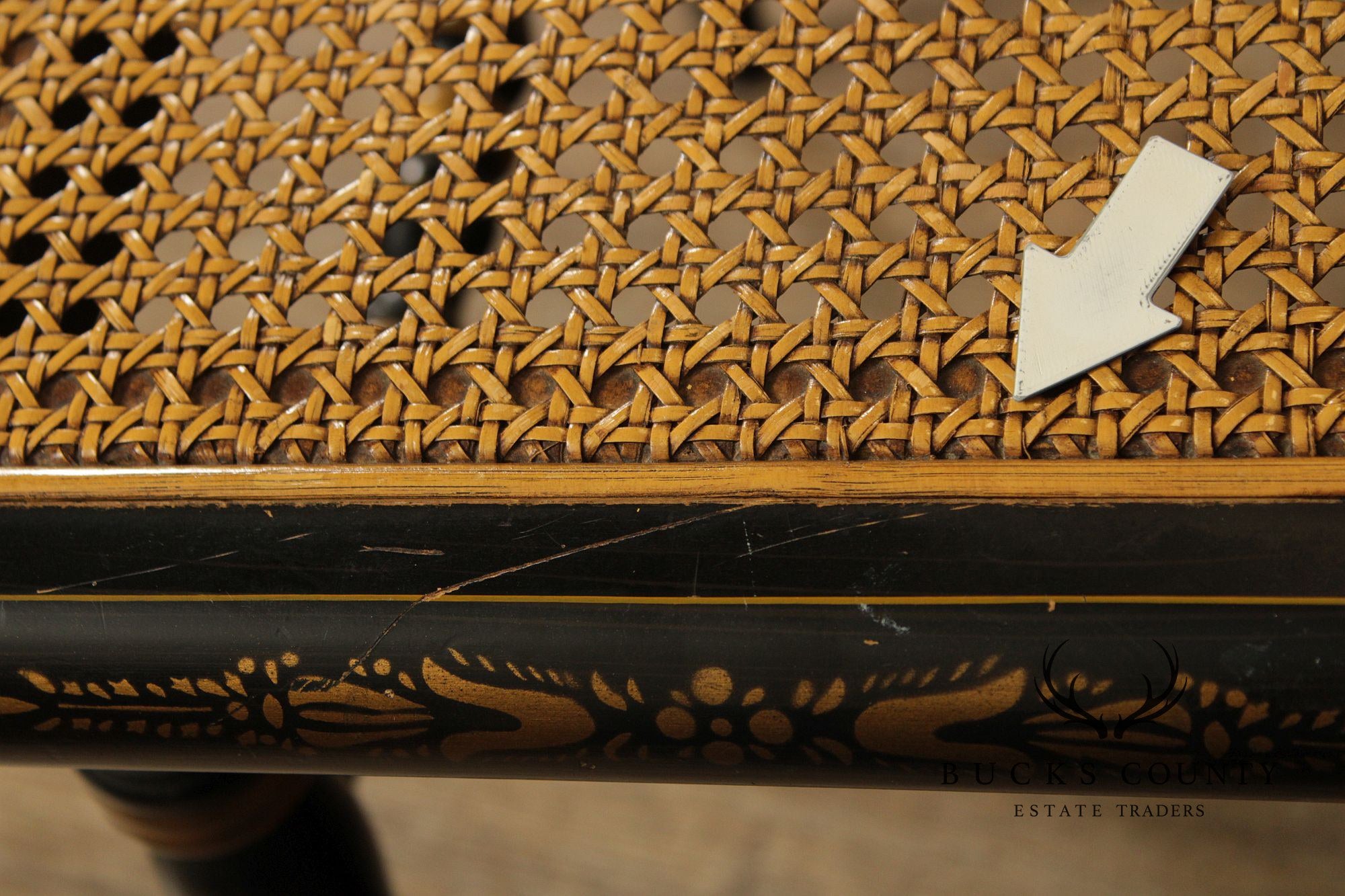 Pair Of L. Hitchcock Black And Gold Hand Stenciled Caned Benches