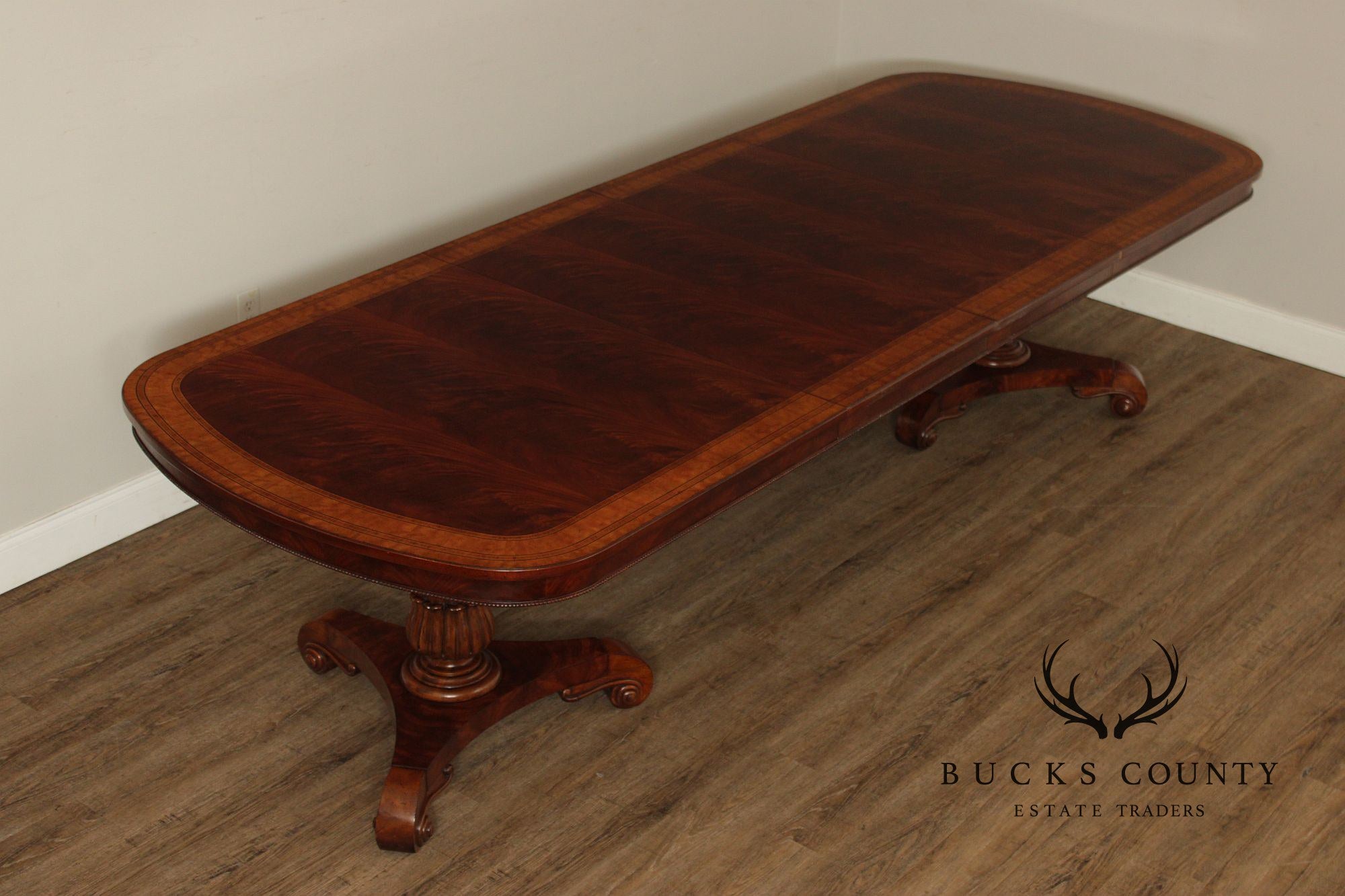Regency Style Quality Banded Mahogany Double Pedestal Dining Table With 2 Leaves