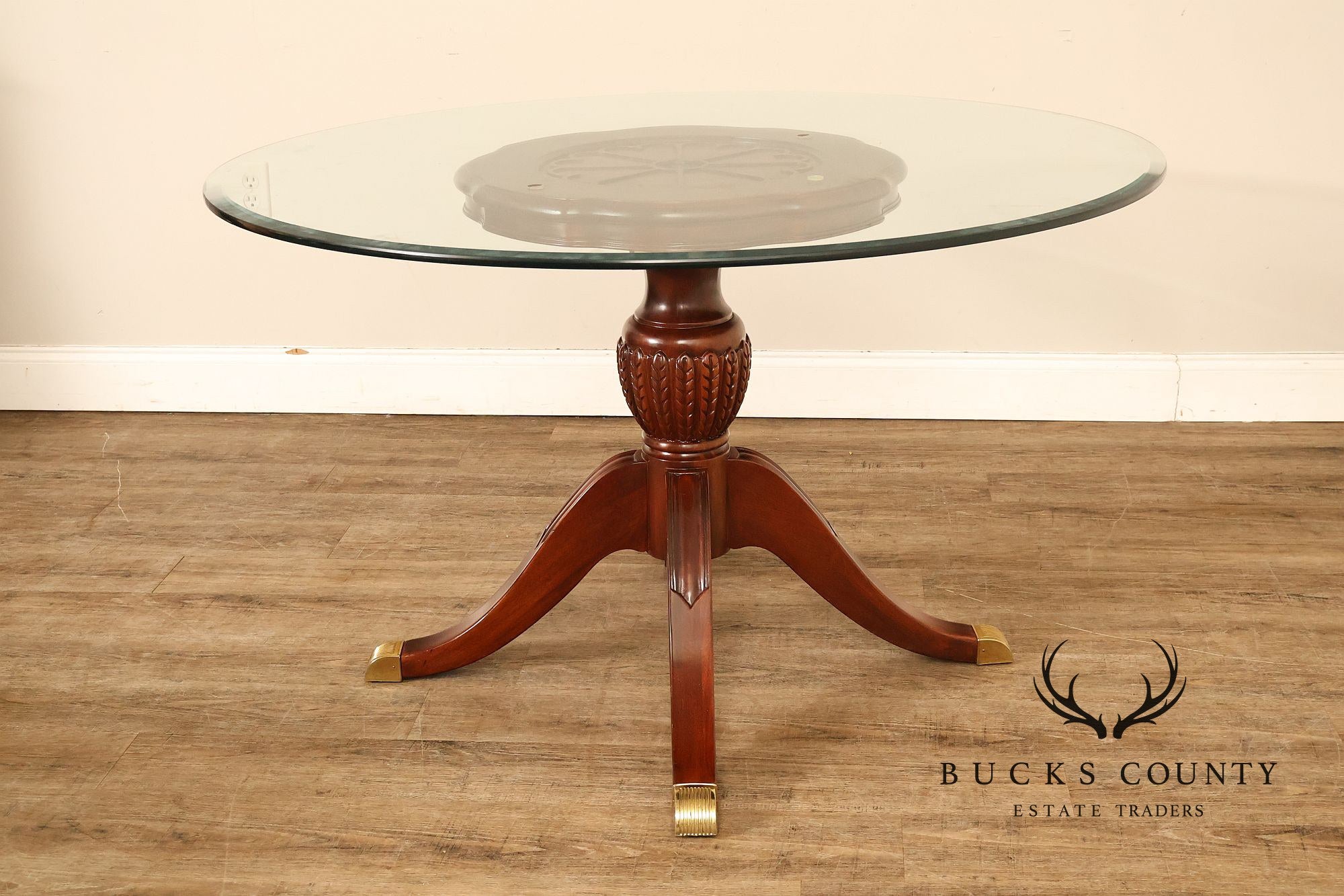Lexington Furniture Round Glass Top Carved Mahogany Pedestal Table with Center Medallion