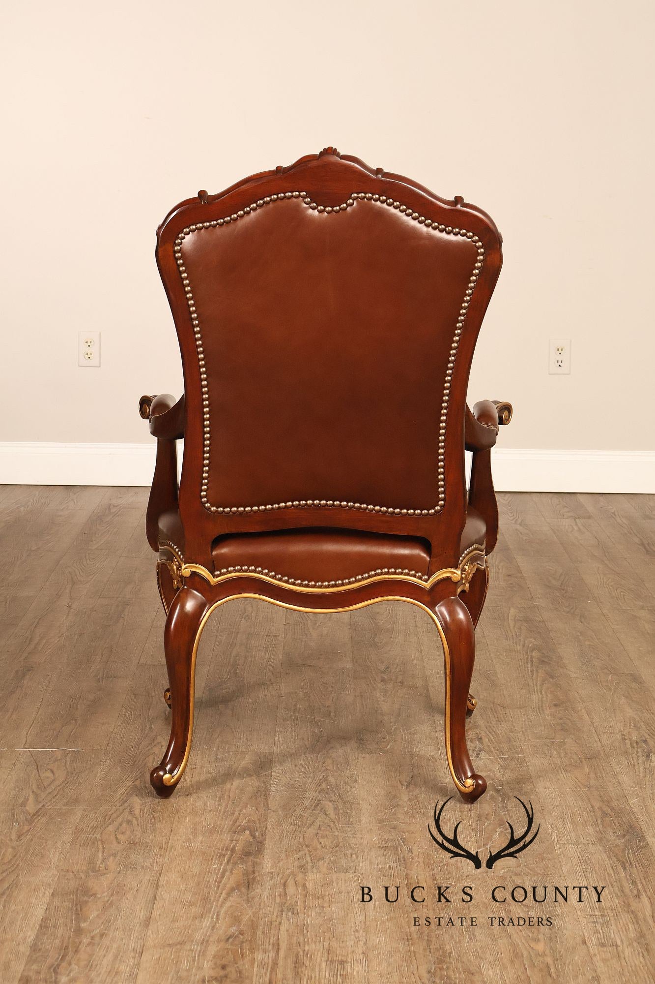 Scarborough House Pair Of French Rococo Style Gilt Mahogany Leather Upholstered Armchairs