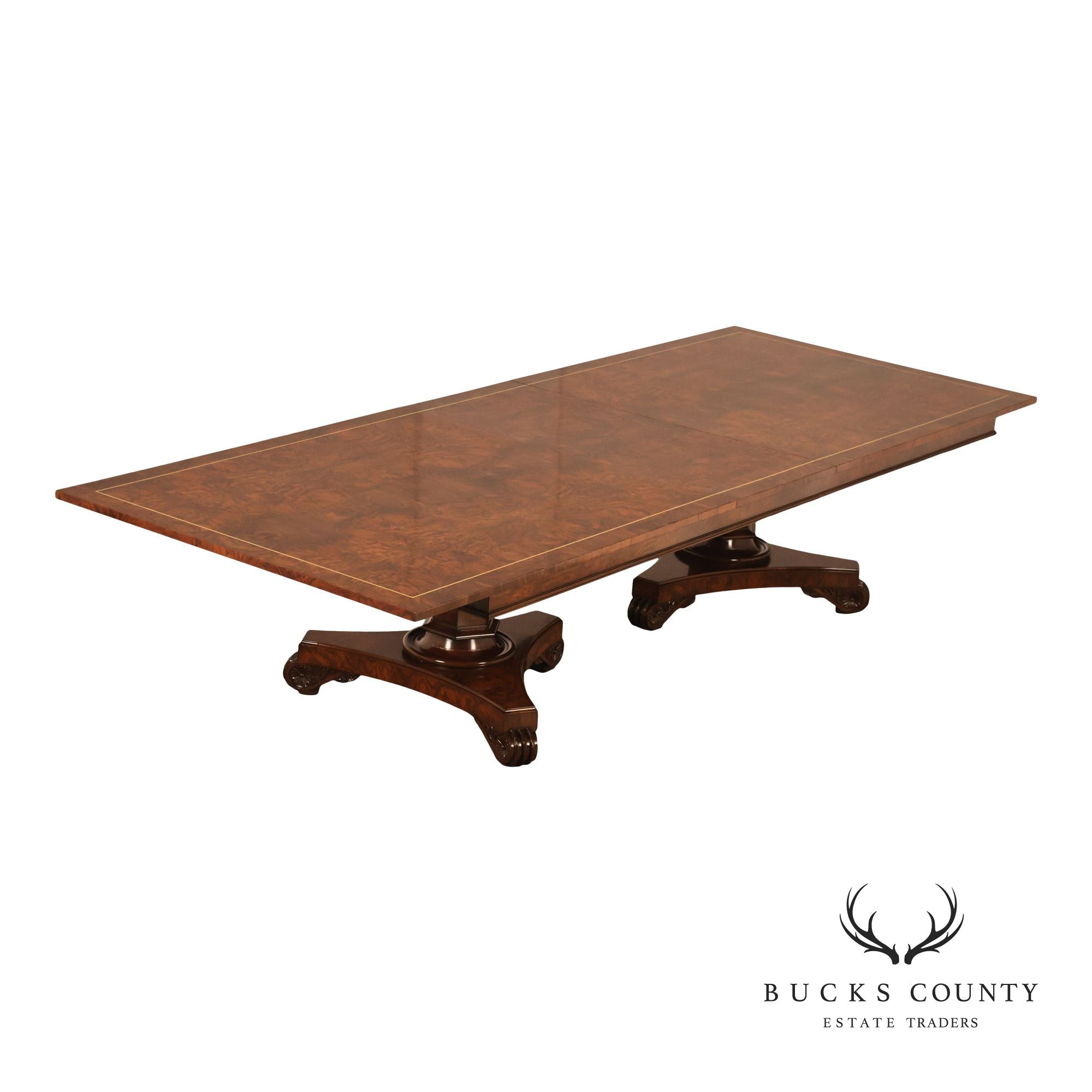 Custom Regency Style Burl Walnut Double Pedestal 12' Dining Table