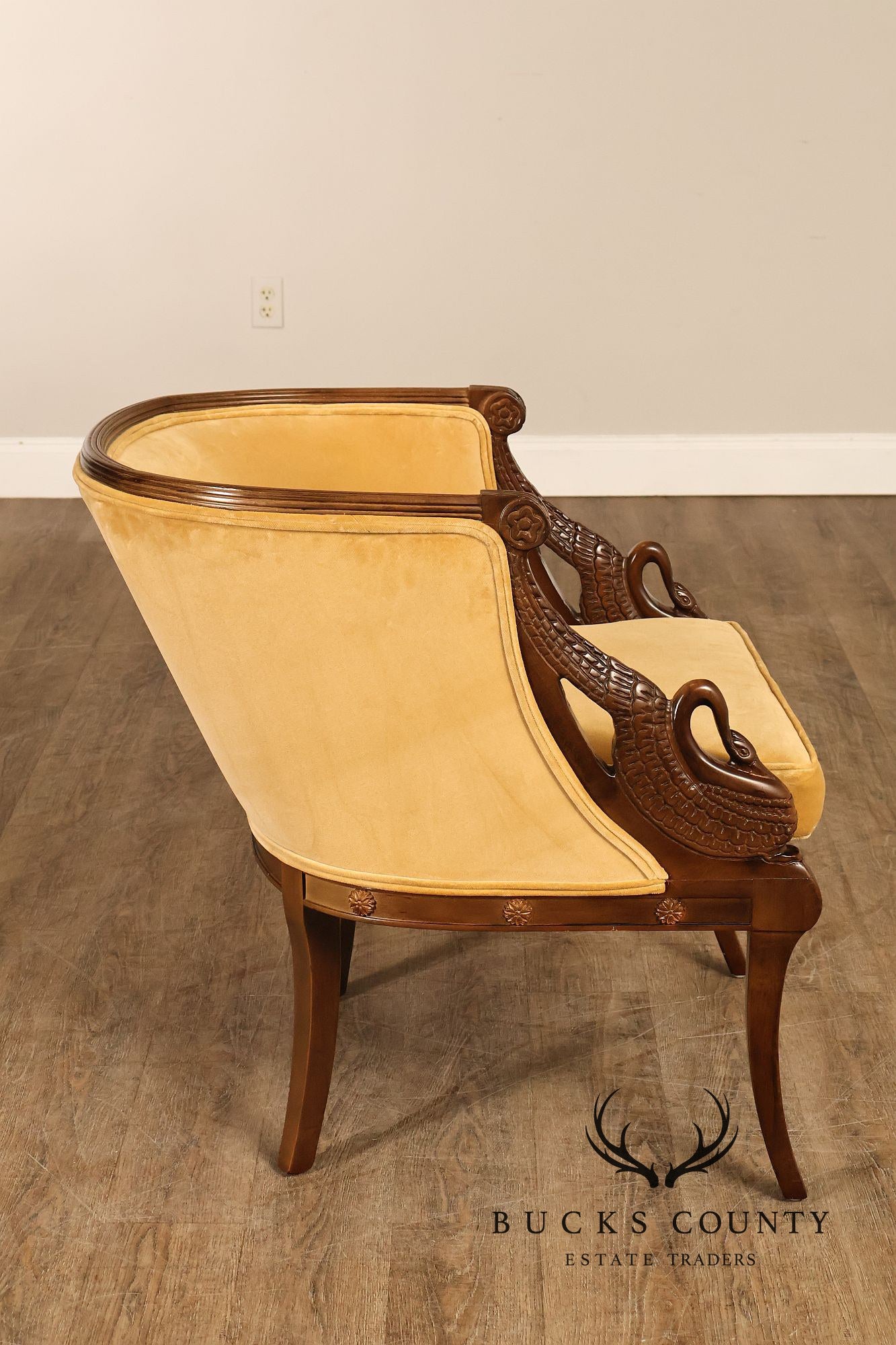 Pair Of French Empire Style Carved Mahogany Swan Motif Barrel Back Club Chairs In Gold Velvet