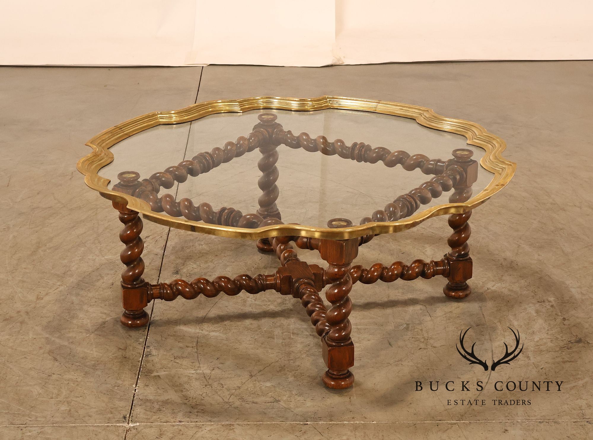 Baker Vintage Oak Barley Twist Scalloped Brass And Glass Top Coffee Table