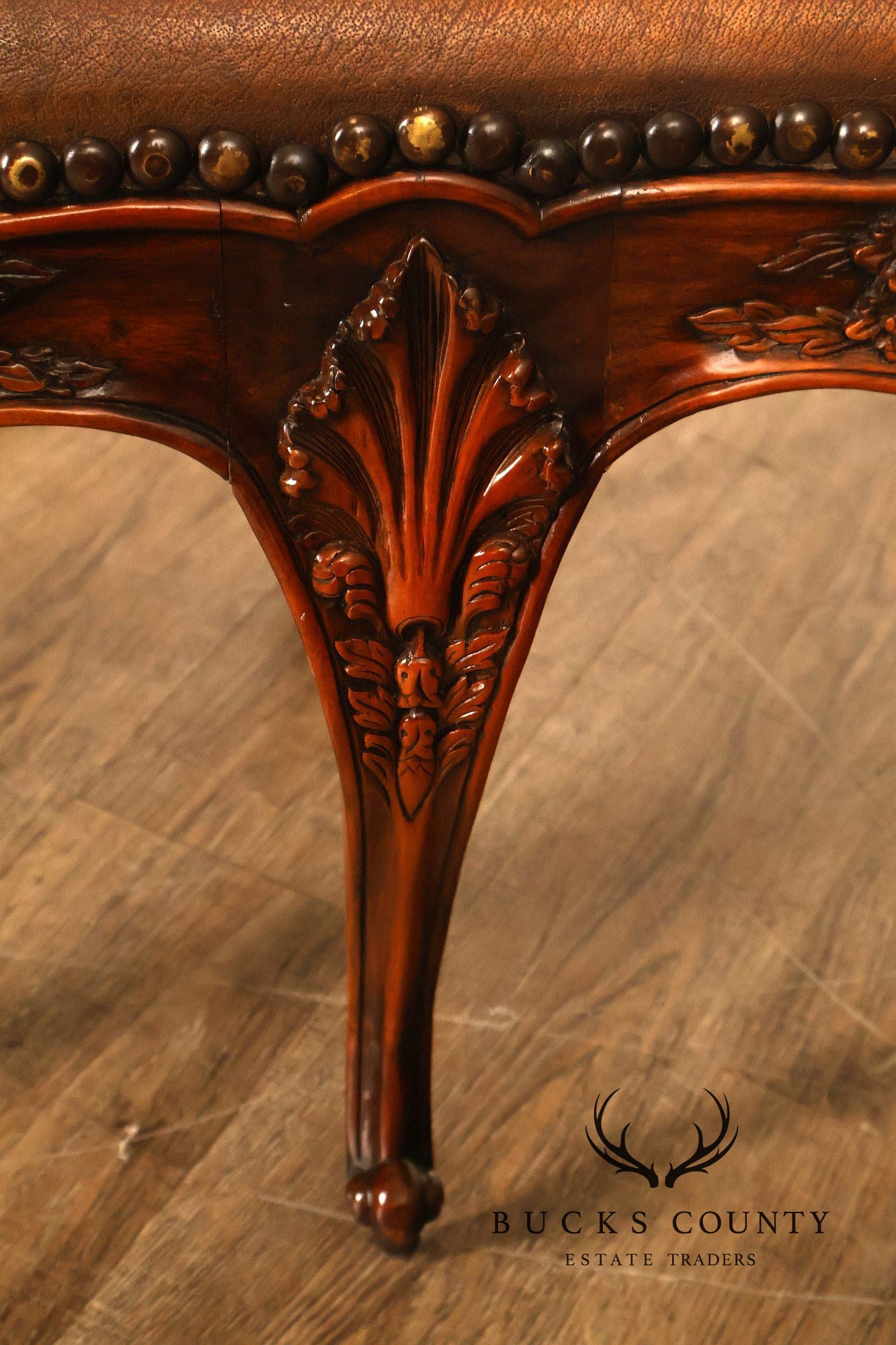 Rococo Style Leather Upholstered Carved Mahogany Window Bench