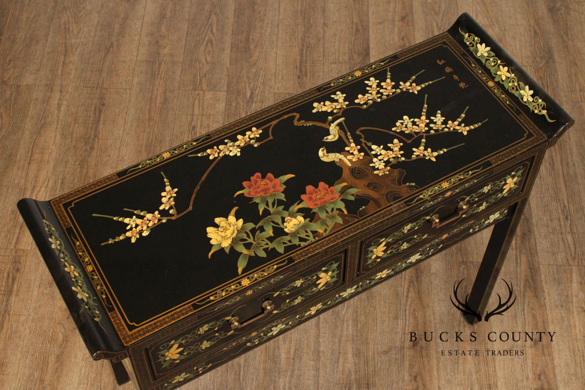 Chinoiserie Painted Vintage Black Lacquer Console Table