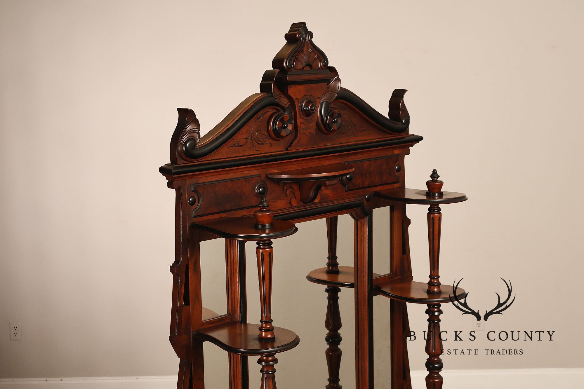 Antique American Renaissance Revival Walnut Mirrored Etagere Hall Tree