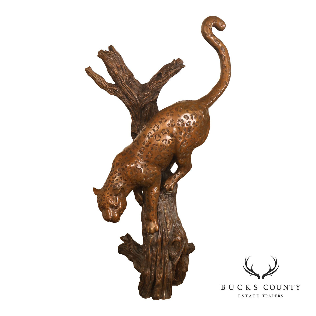 Large Bronze Leopard Sculpture On Tree Stump Base