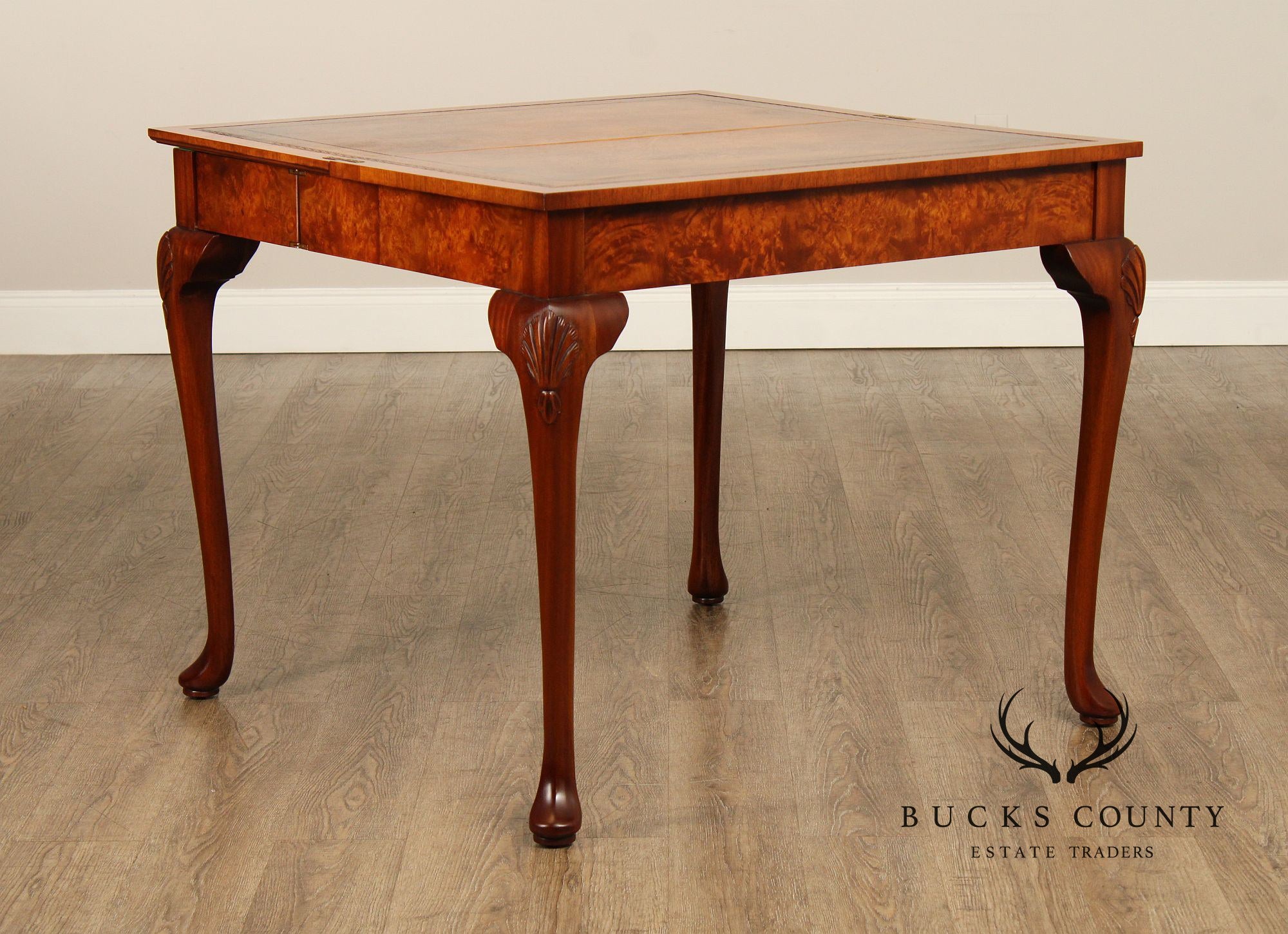 Queen Anne Style Burl Wood Leather Top Folding Games Table