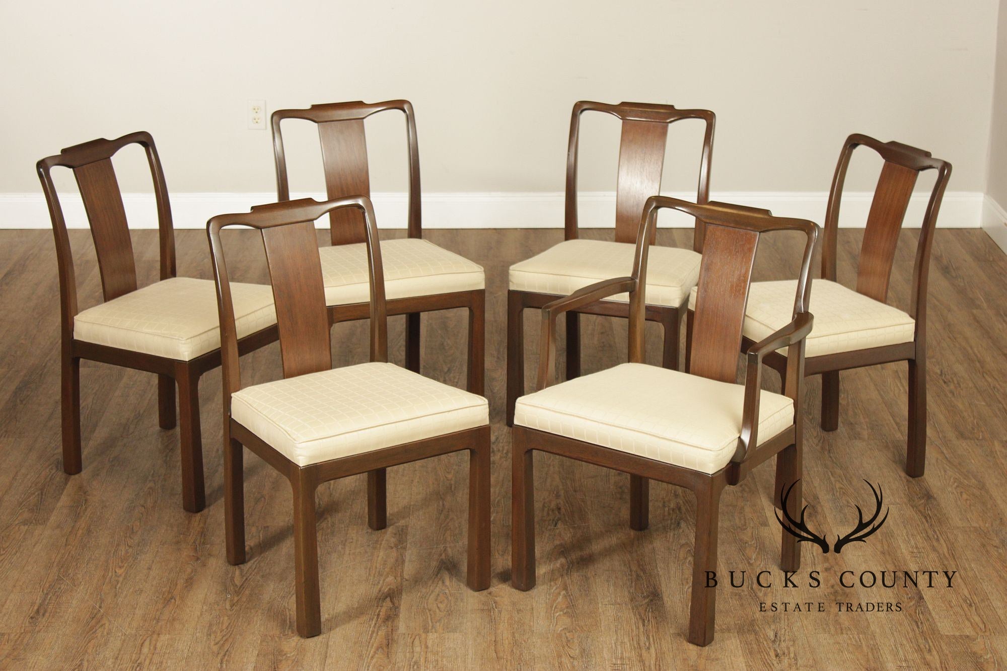 Mid Century Asian Influenced Set of Six Mahogany Dining Chairs