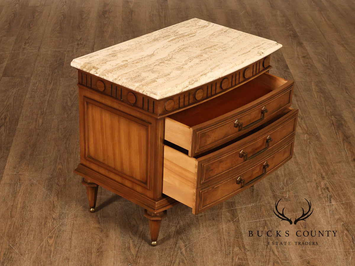 Pair Of Neoclassical Style Marble Top Three Drawer Nightstands