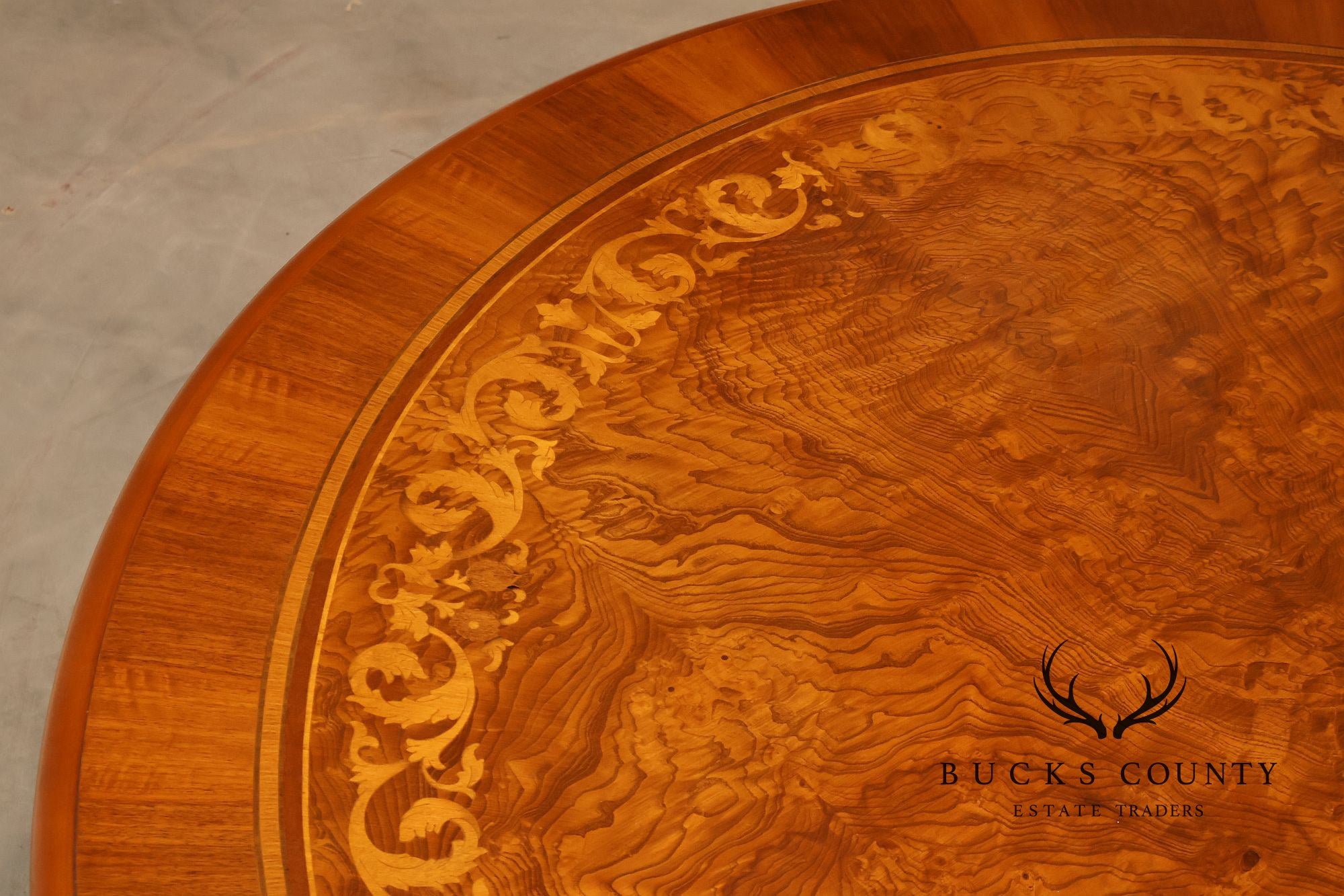 Italian 72" Round Inlaid Burl Wood Dining Table With Lazy Susan