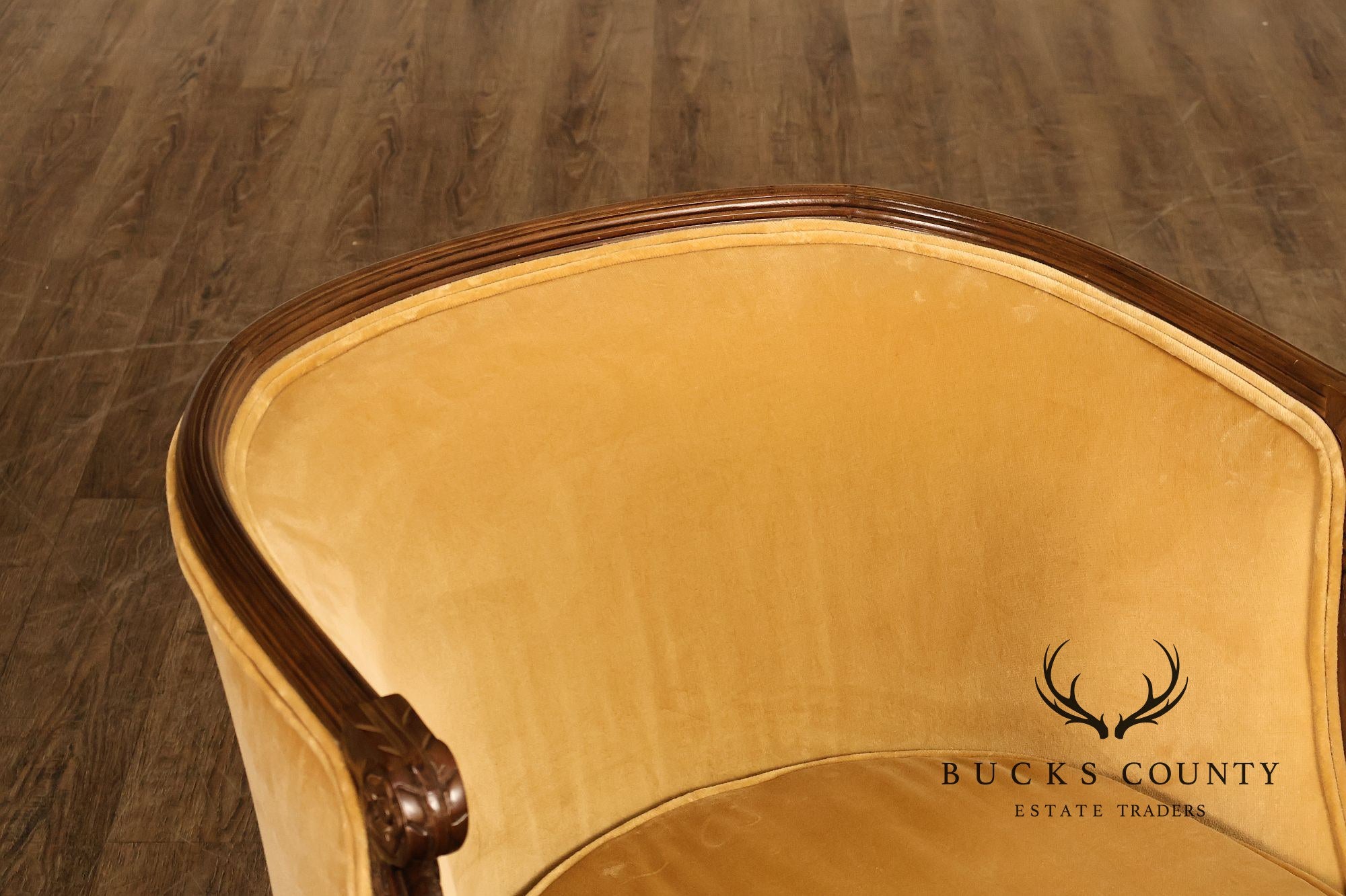 Pair Of French Empire Style Carved Mahogany Swan Motif Barrel Back Club Chairs In Gold Velvet