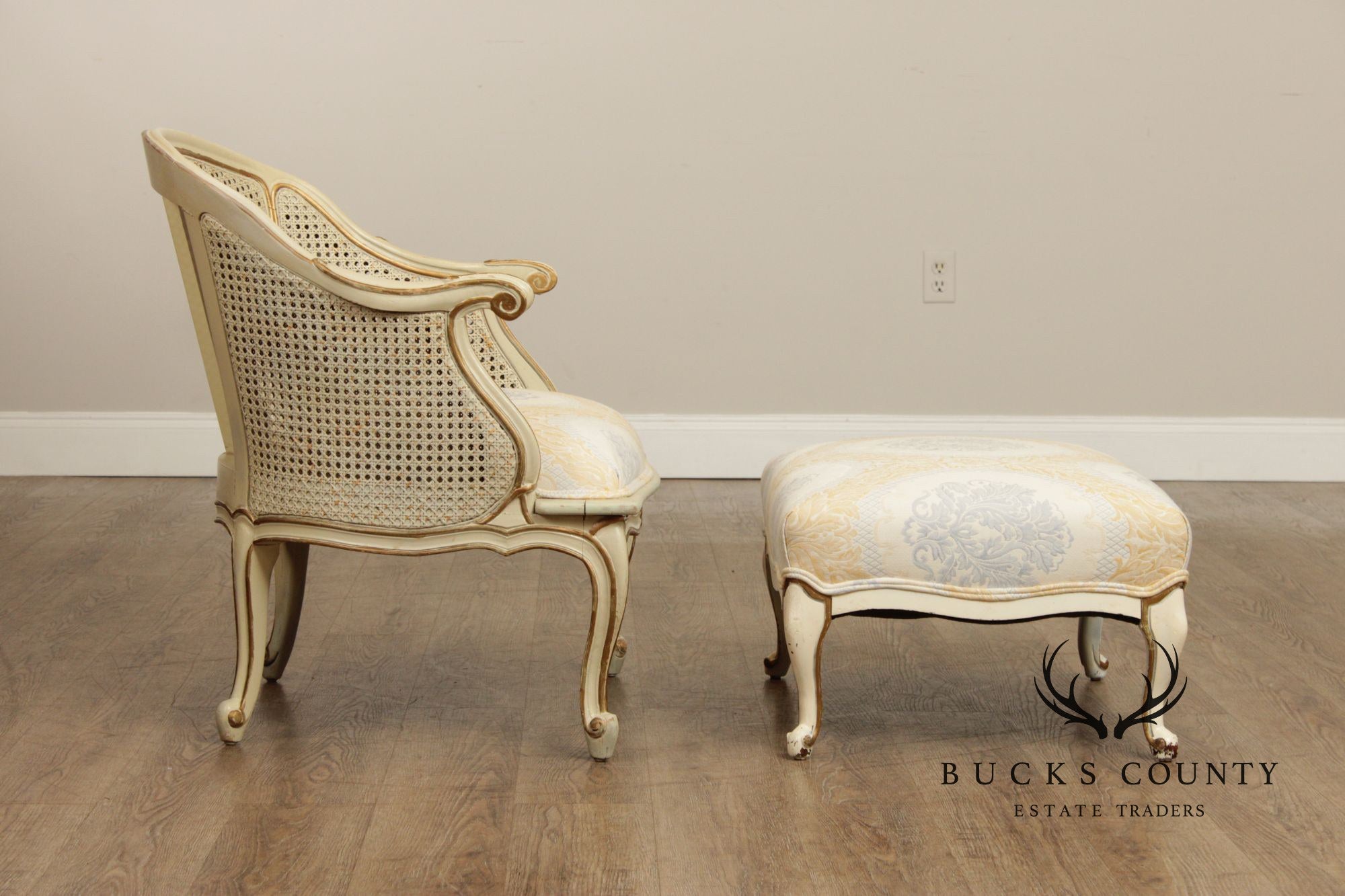 French Provincial Style Barrel Back Caned Lounge Chair and Ottoman