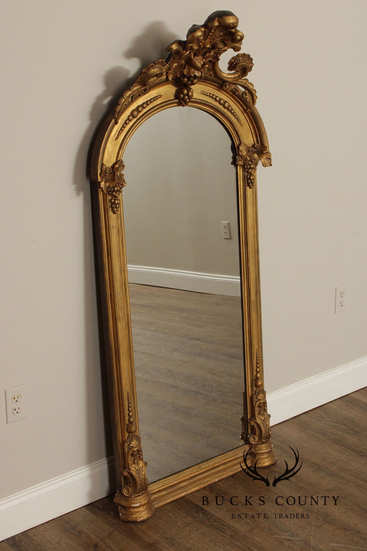 Antique Victorian Giltwood Arched Floor Mirror With Ornate Carved Crest