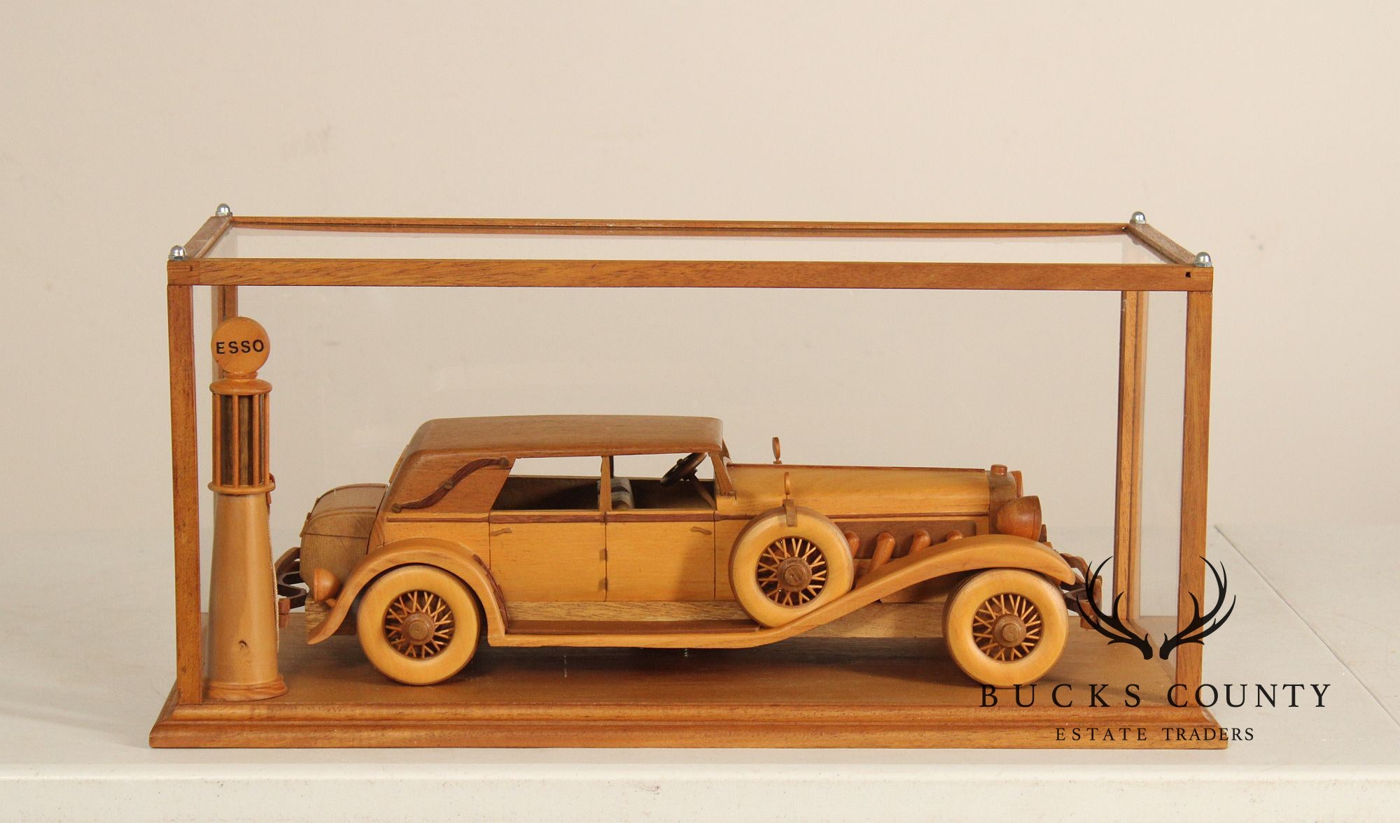 Carved Wood 1930 Duesenberg Model J in Display Case