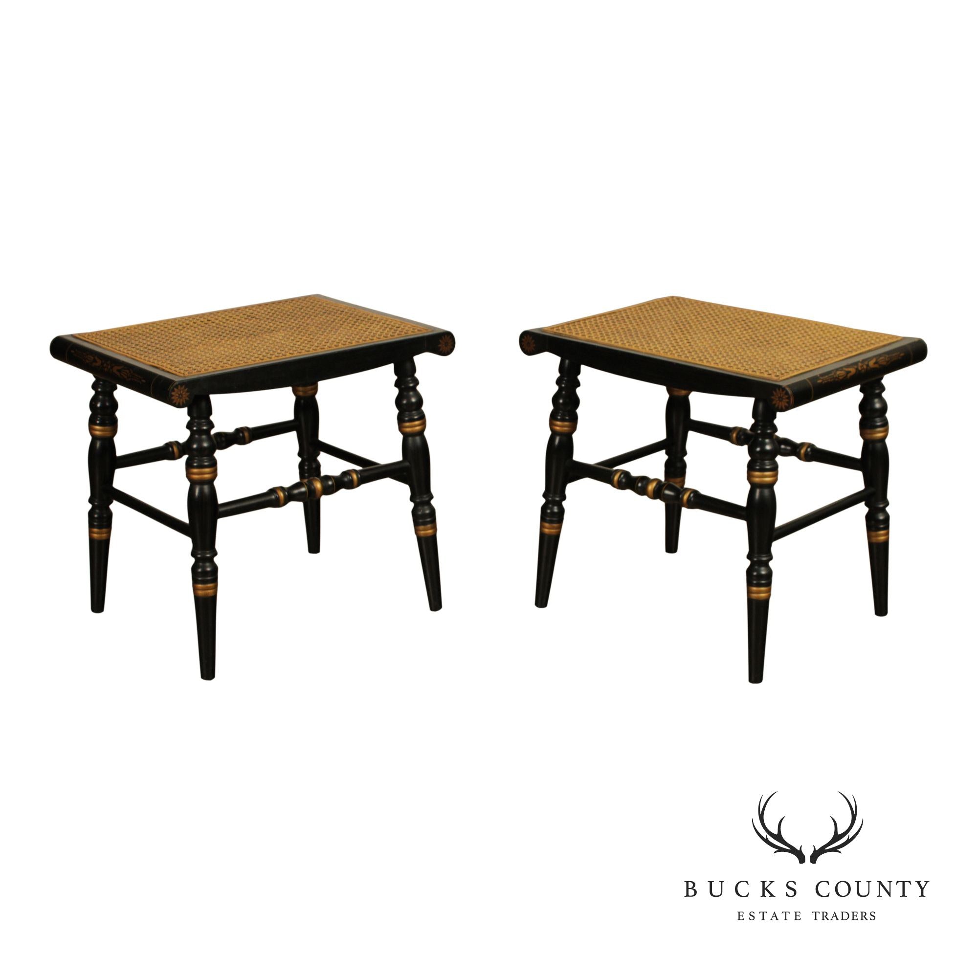 Pair Of L. Hitchcock Black And Gold Hand Stenciled Caned Benches
