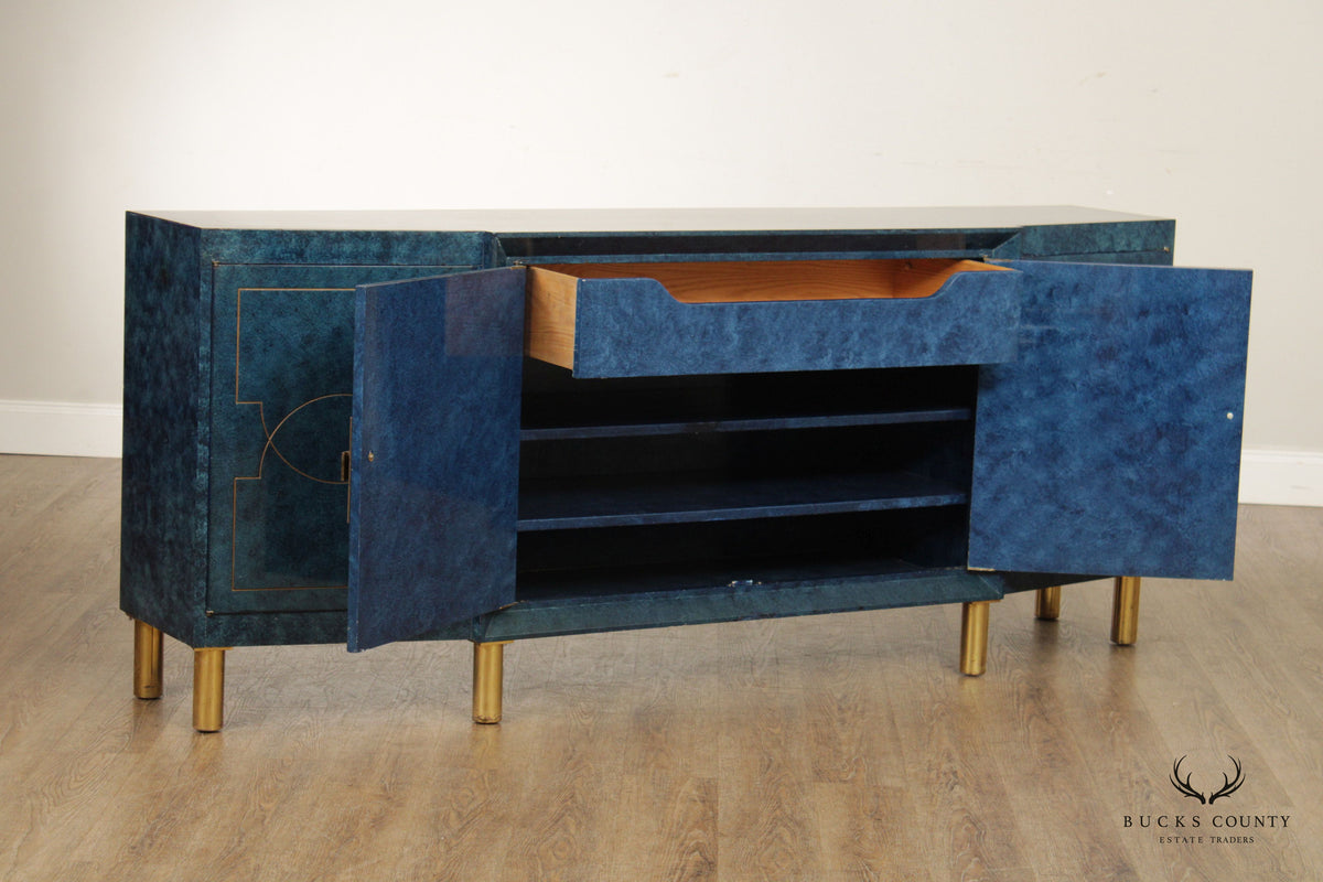 Hollywood Regency Blue Lacquered and Brass Sideboard