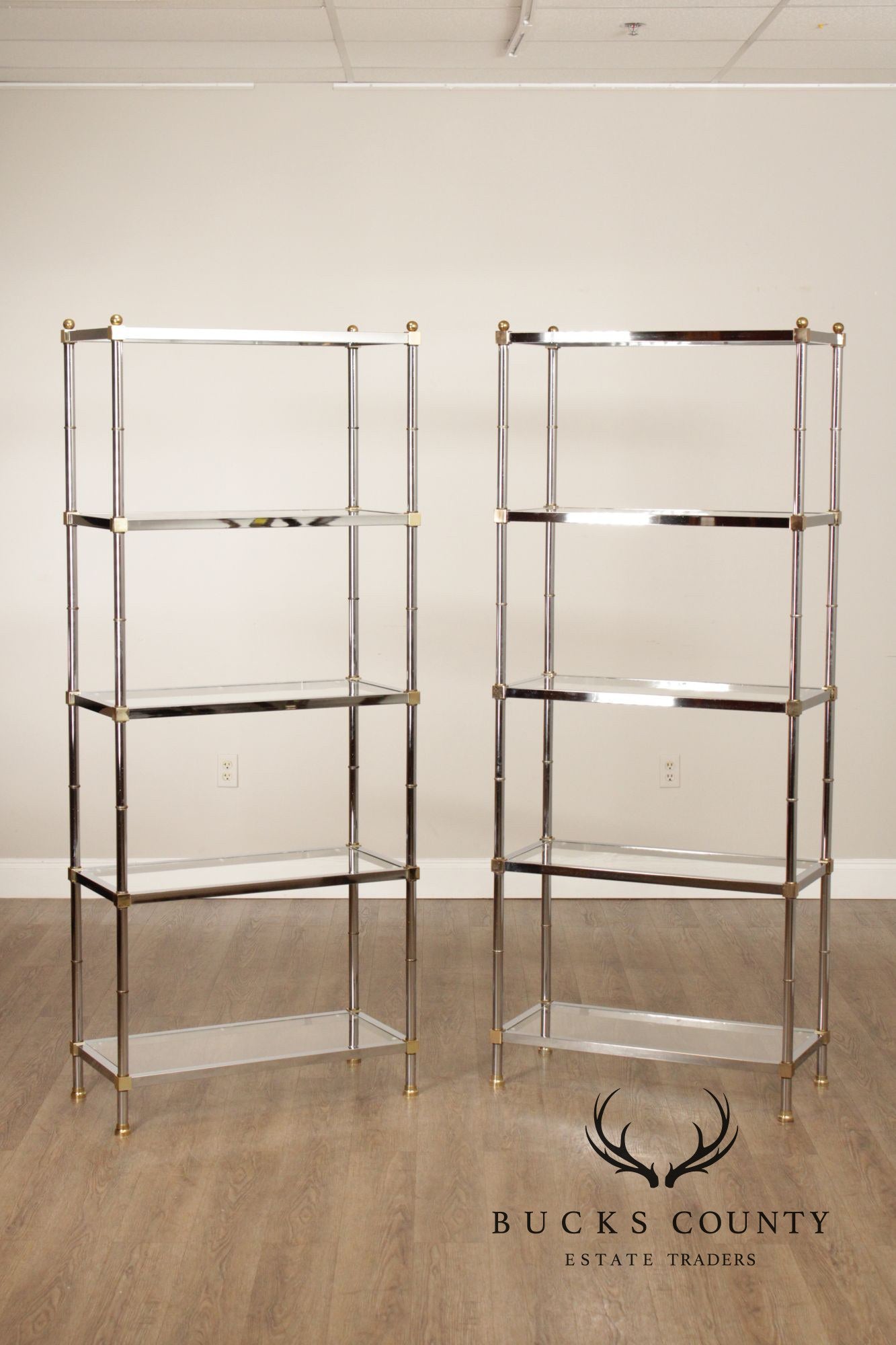 Chrome And Glass Pair Of Five Shelf Bookcase Etageres