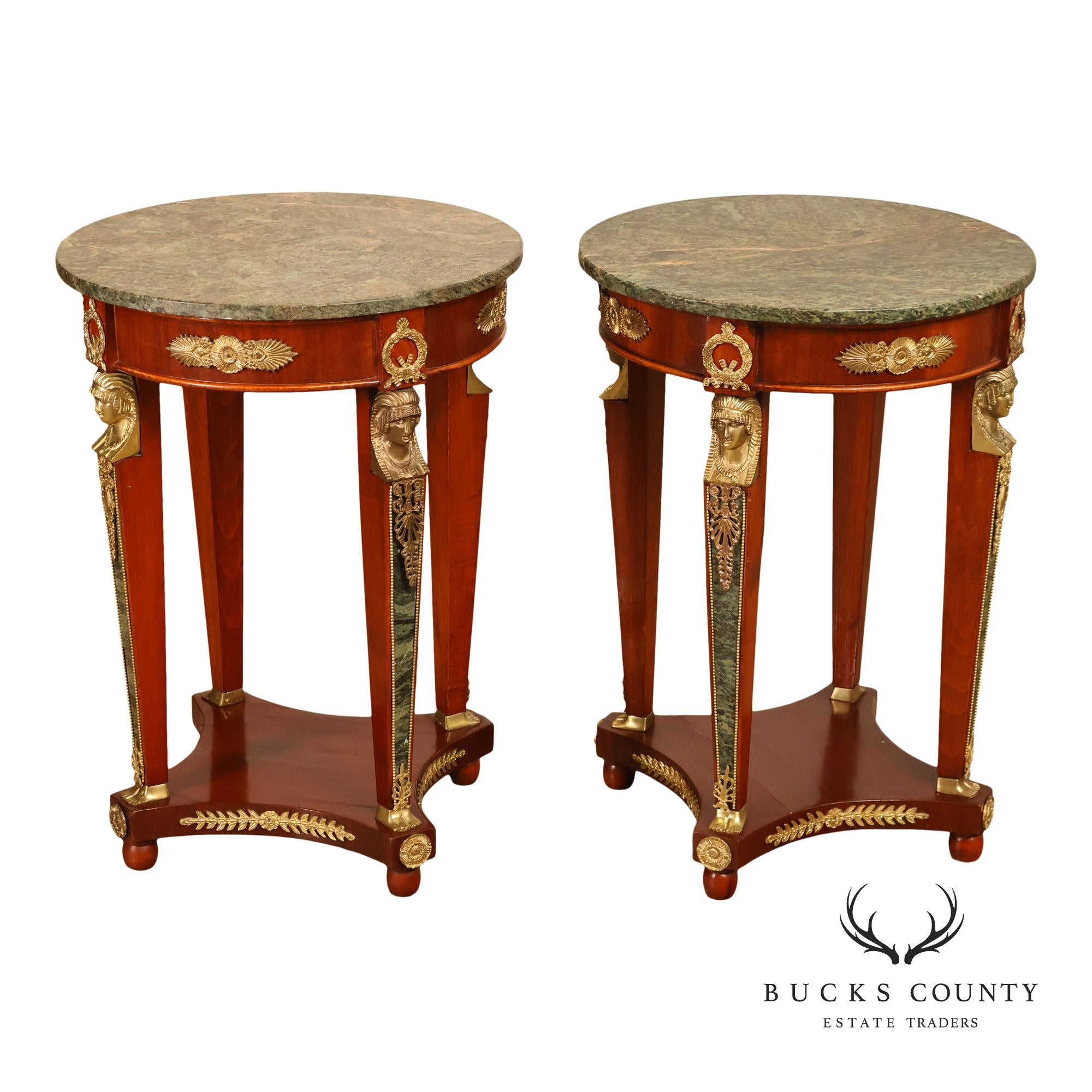 French Empire Style Pair Of Round Marble Top Ormolu Mounted Side Tables
