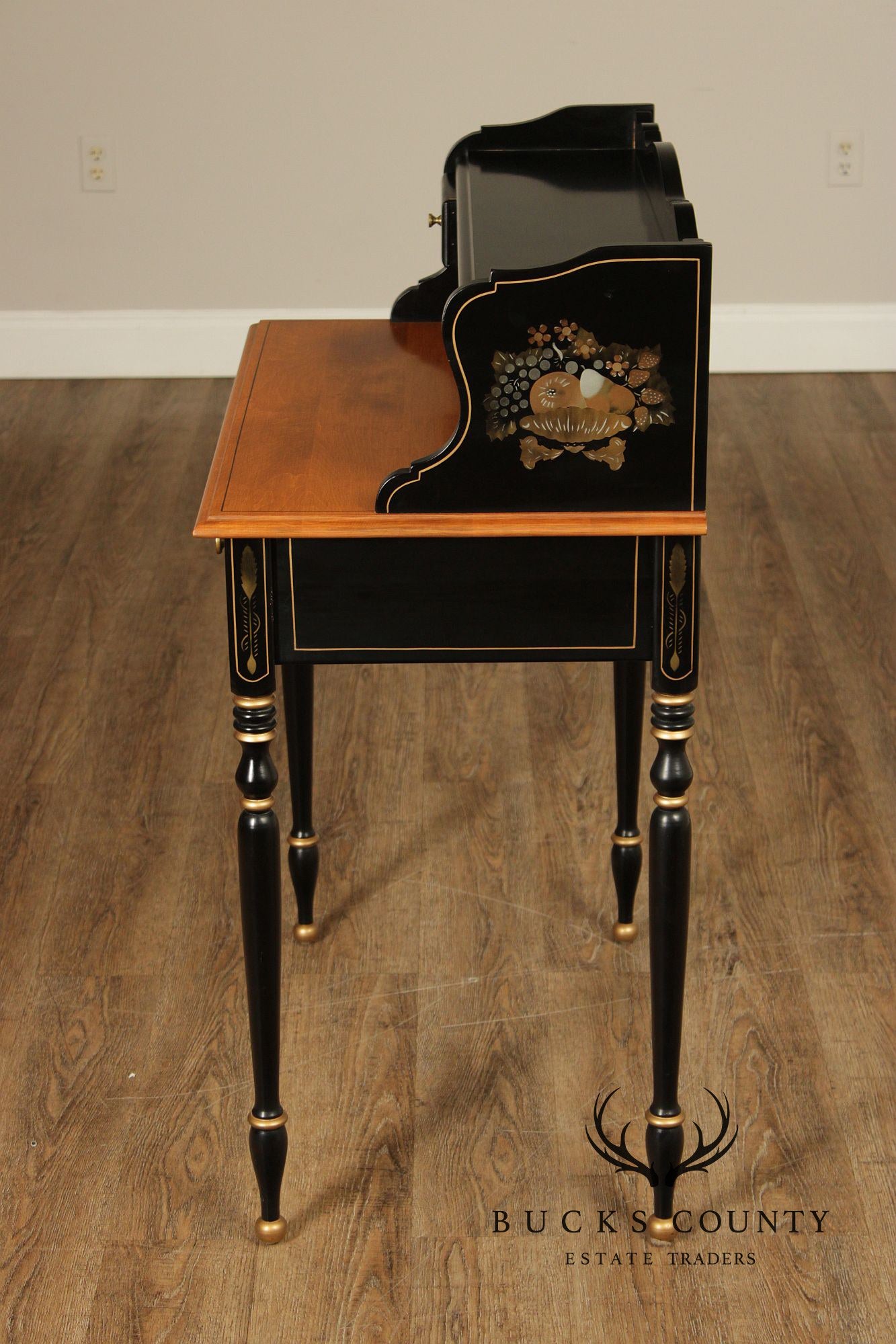 Ethan Allen Hitchcock Style Hand Painted Black Lacquer Writing Desk