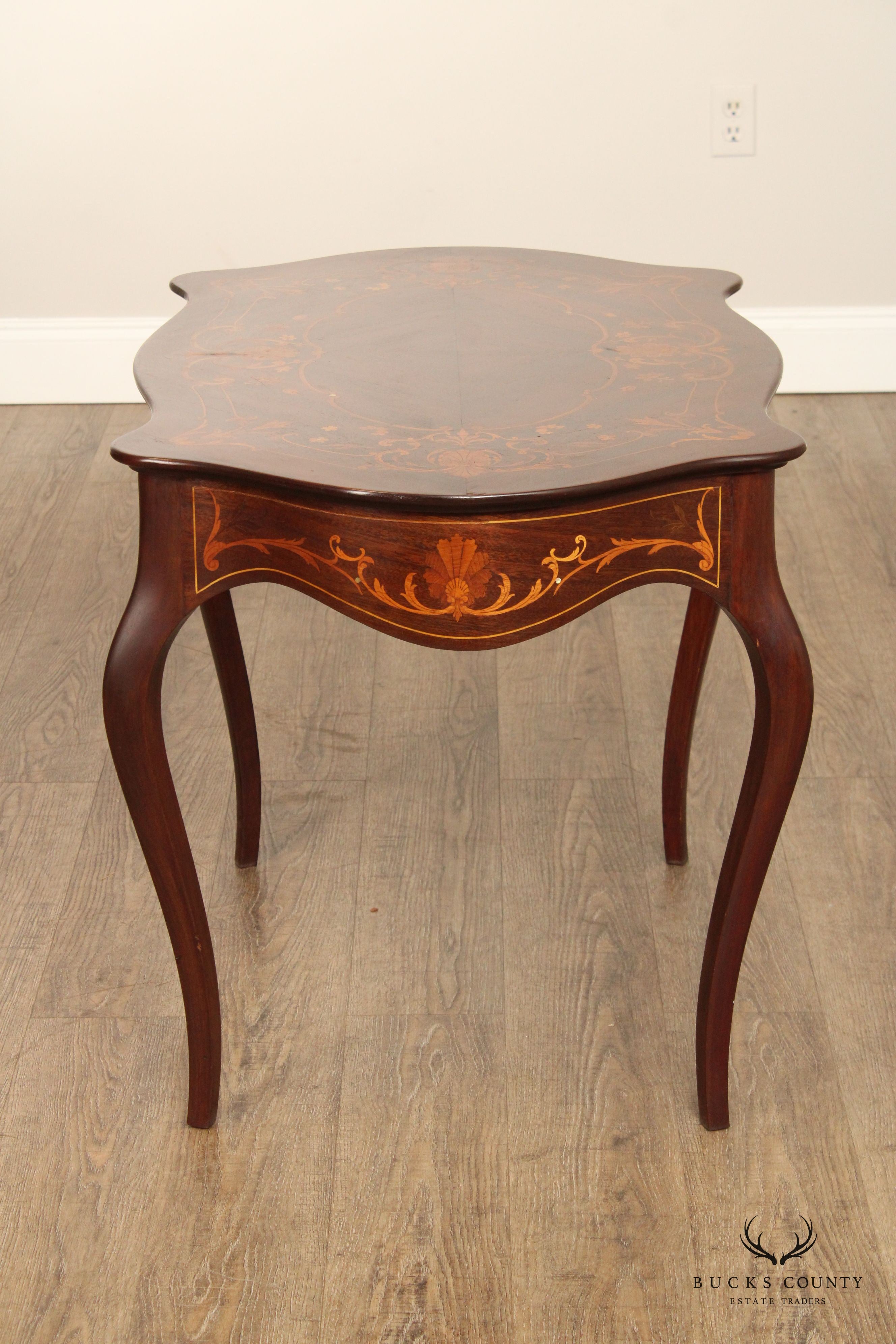 Antique Inlaid Mahogany Center Table With Floral Marquetry And Mother Of Pearl Accents