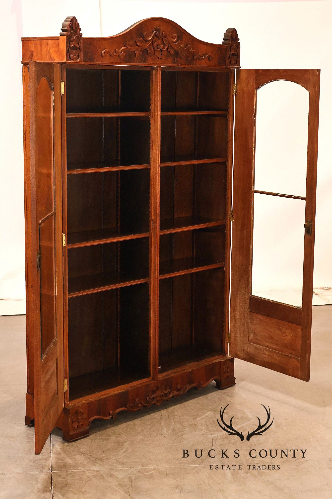 Antique Victorian Renaissance Revival Mahogany Large Two Door Bookcase