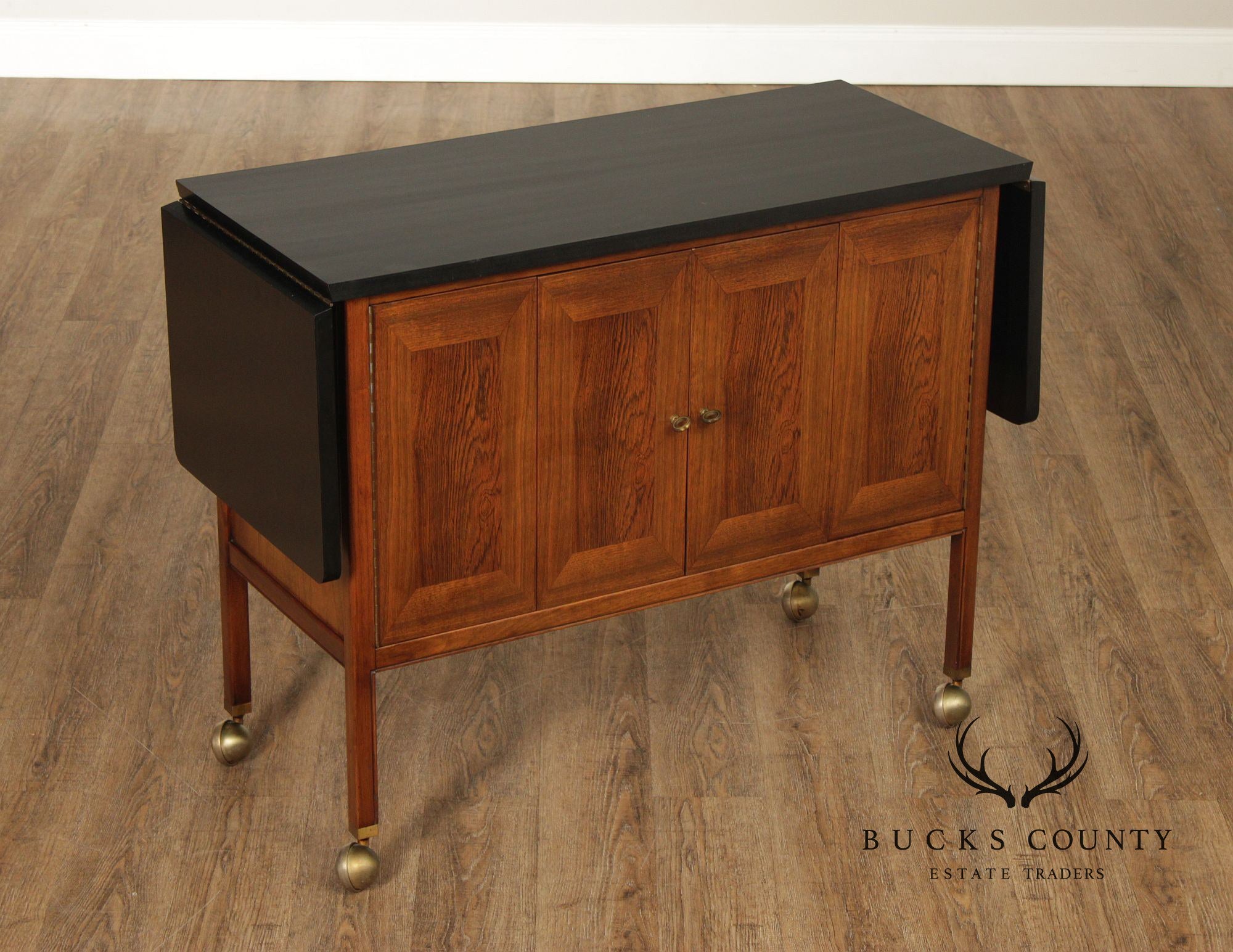 American Of Martinsville Mid Century Walnut And Rosewood Drop Leaf Bar Cart